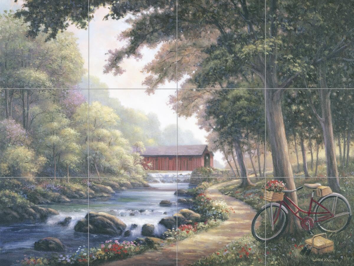 Ceramic Backsplash Tile Mural - Woodland Landscape with Covered Bridge by John Zaccheo - Waterproof Kitchen Backsplash, Bathroom Wall Decor, Living Room Accent Tile - Perfect for Rustic Cabin, Farmhouse, and Nature-Themed Interiors
