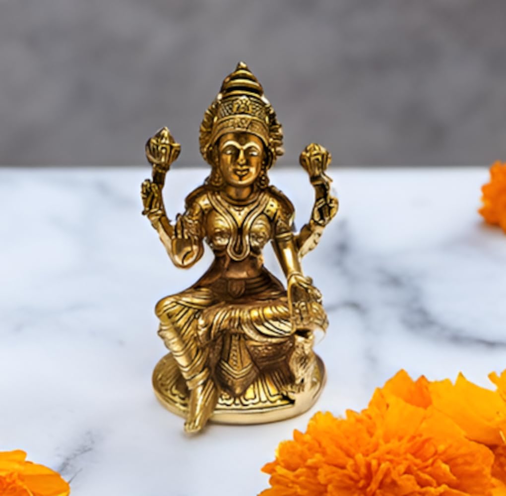 Purpledip Brass Lakshmi Statue - Hindu Goddess of Prosperity & Wealth - Handcrafted Collectible Idol for Home & Office Decor (11568) | Perfect for Puja Altars, Meditation Spaces & Gift Giving