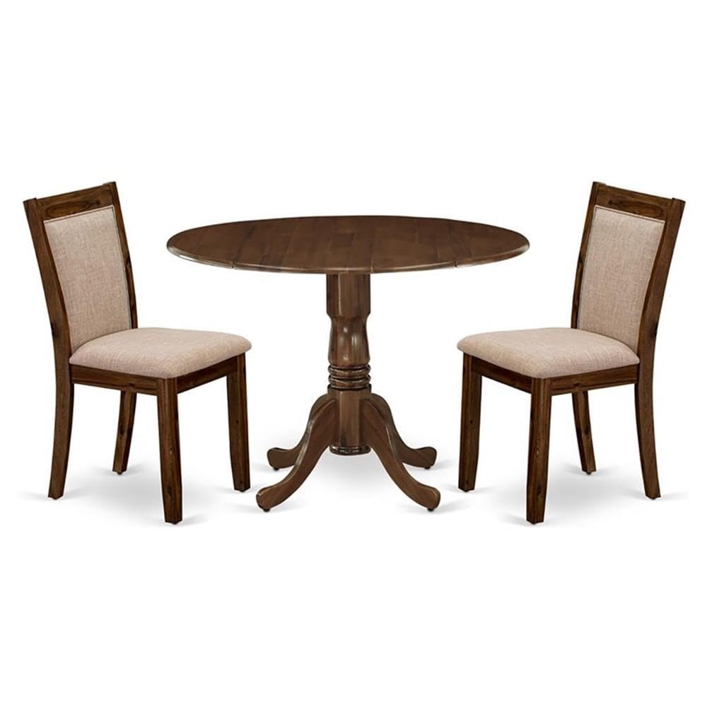 East West Furniture DLMZ3-AWN-04 3-Piece Round Dinette Set with Drop Leaf Table & 2 Light Tan Linen Parsons Chairs, 42x42 Inch, Natural Walnut - Perfect for Small Spaces, Apartments, Breakfast Nooks & Cozy Dining Areas