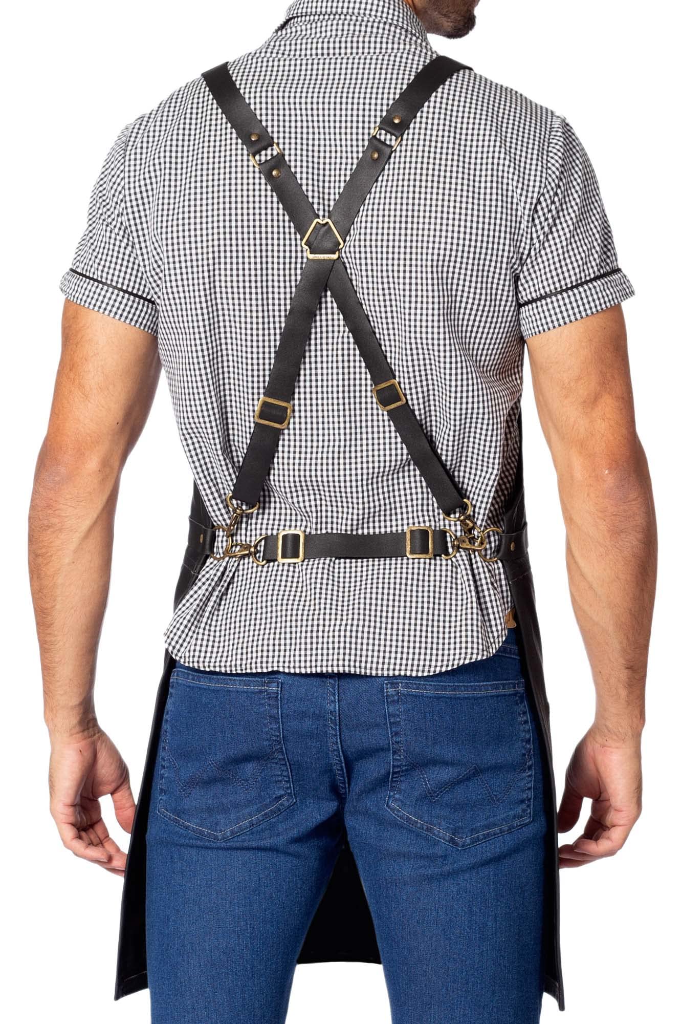 Genuine Leather Apron for Barbers, Chefs & Bartenders - Cross-Back Straps, Split-Leg Design with Riveted Lining - Premium Black Leather Work Apron for Cooking, Coffee Brewing & Crafting - Under NY Sky Brand