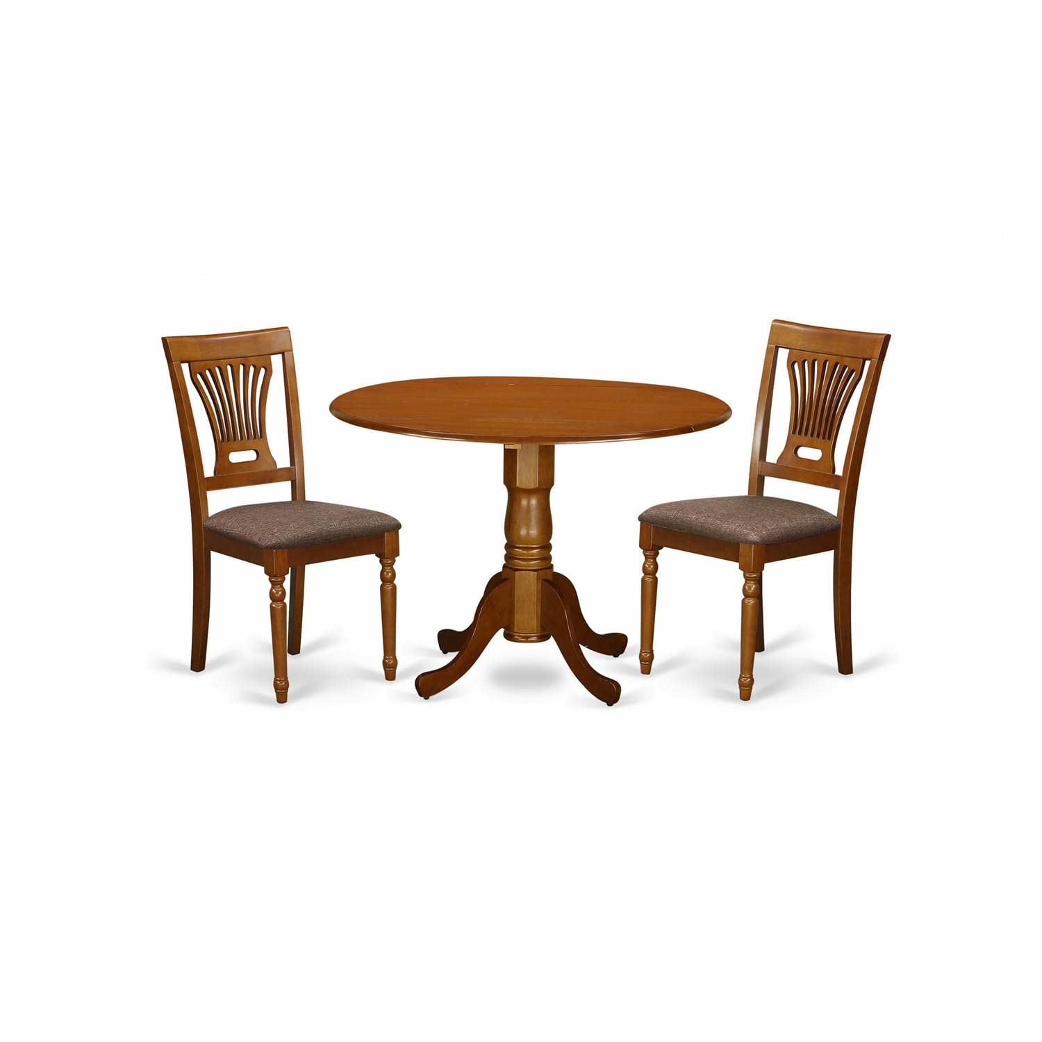 East West Furniture DLPL3-SBR-C 3-Piece Round Drop Leaf Dining Table Set with 2 Upholstered Chairs, 42x42 Inch, Saddle Brown - Perfect for Small Kitchens, Breakfast Nooks & Cozy Dining Spaces