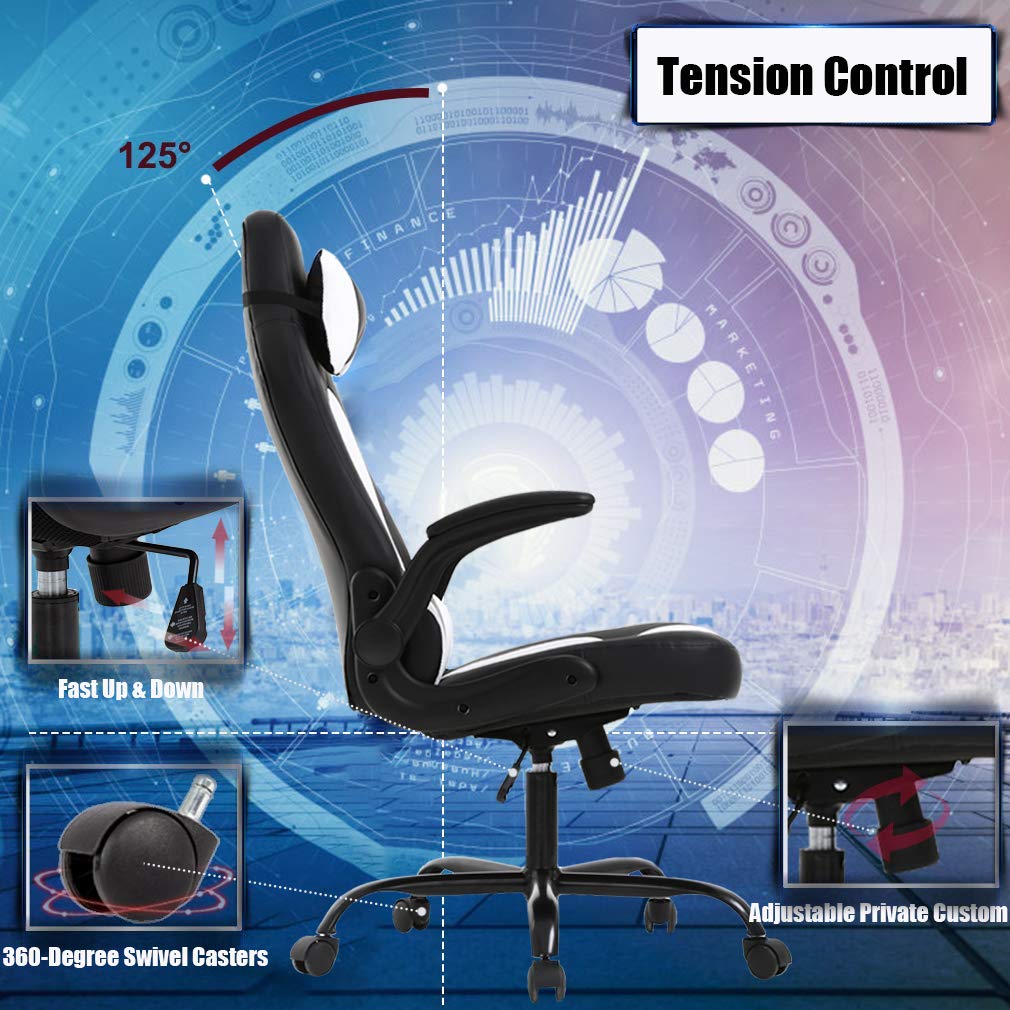 Premium Ergonomic PC Gaming Chair with Massage & Lumbar Support - Heavy Duty Racing Style Office Chair with Adjustable Headrest & Flip-Up Arms - Best Home & Video Game Desk Chair for Long Gaming Sessions - White