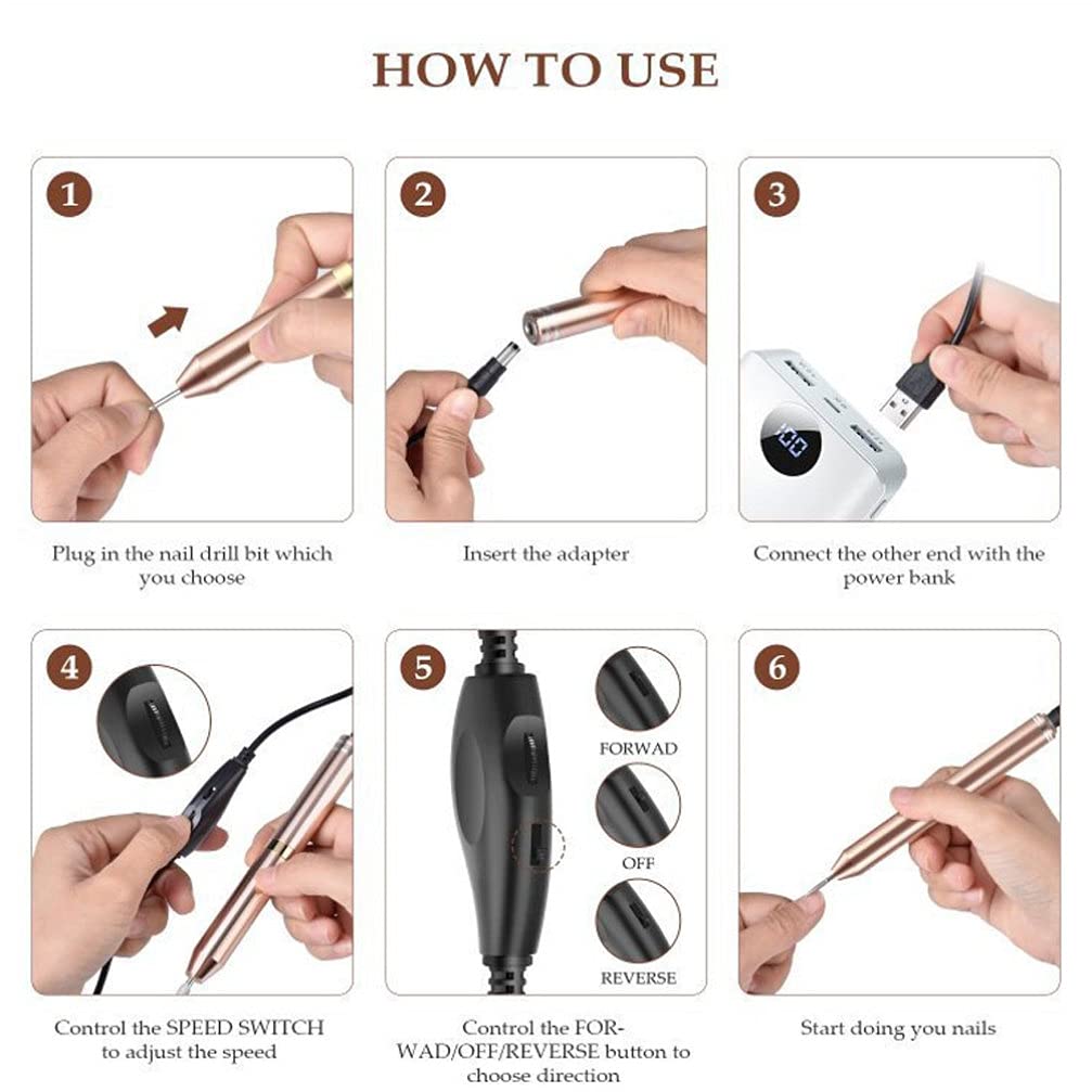Beaupretty Portable Electric Nail Drill - Professional USB Rechargeable Manicure Kit with 6 Sanding Bands & LED Light for At-Home Nail Care, Salon Quality Pedicure & Gel Polish Removal