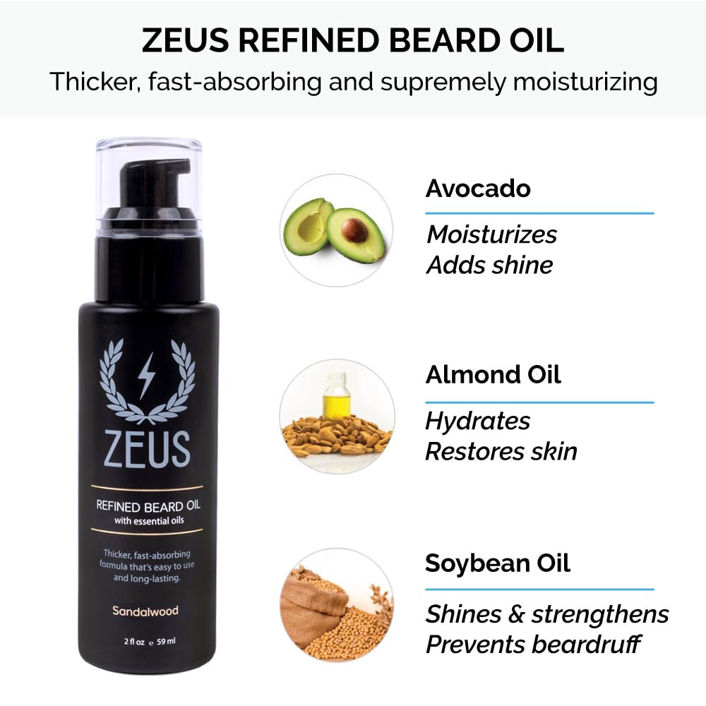 ZEUS Premium Beard Growth Kit for Thick Beards - Natural Beard Shampoo, Conditioner & Sandalwood Beard Oil Set with Travel Toiletry Bag | Made in USA | Perfect for Daily Grooming, Travel & Men's Self-Care Routine