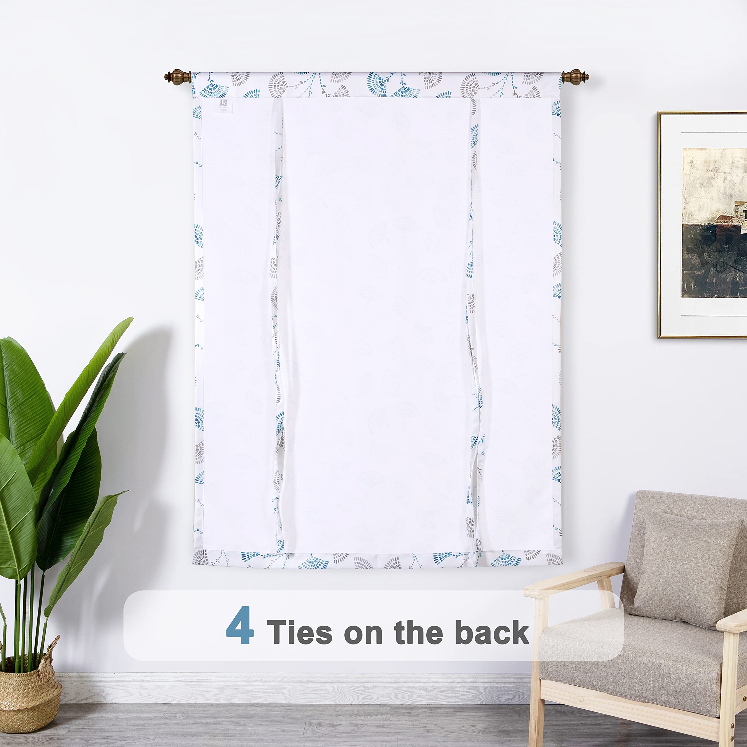 Floral Watercolor Printed Tie-Up Curtains for Windows - DriftAway Adjustable Balloon Shade with Rod Pocket, Kitchen & Small Window Room Darkening (45