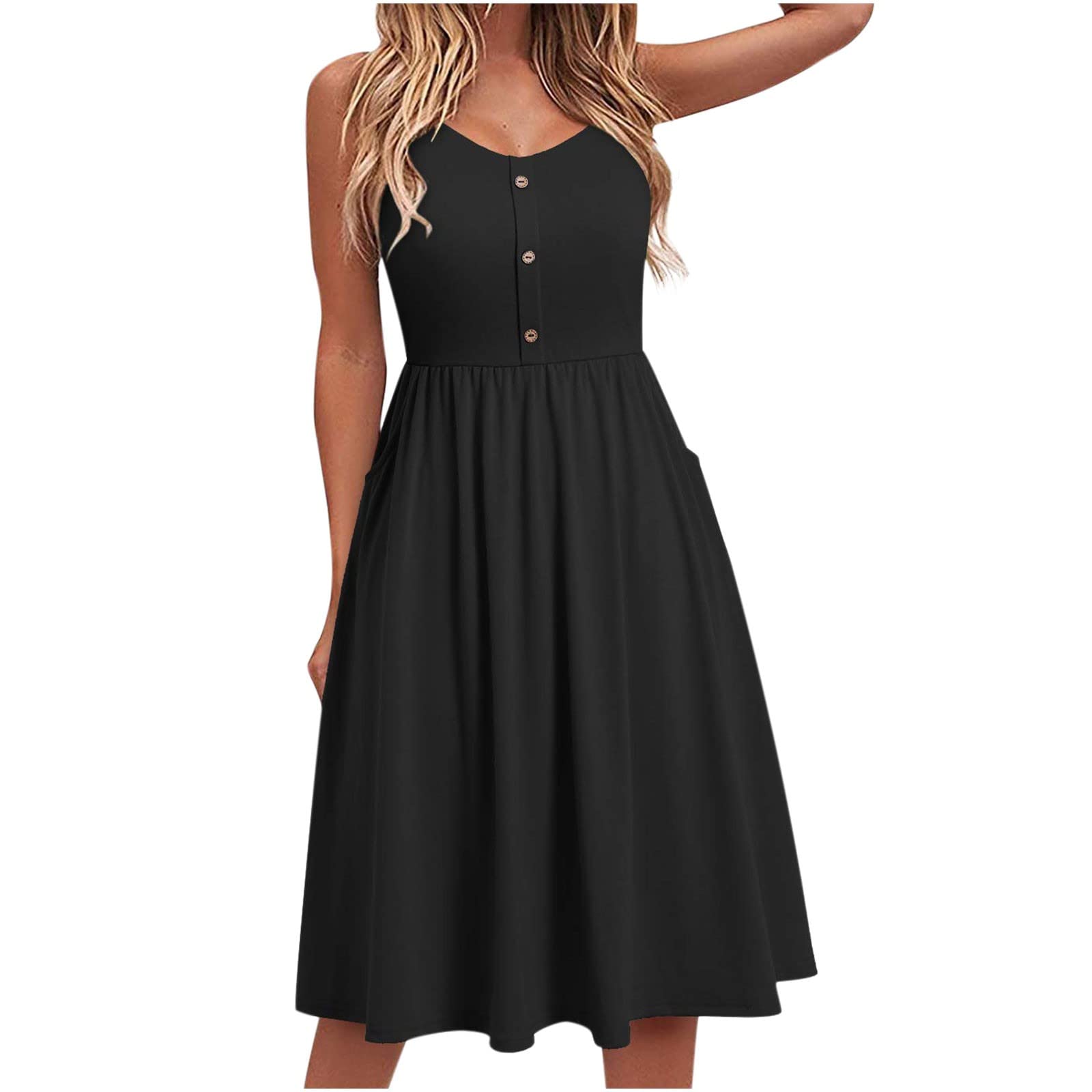 SEAOPEN Women's Summer Swing Dress - Round Neck Midi Sundress, Casual Flowy Beach Dress with Button Down, Solid Color for Vacation, Party & Outdoor Activities