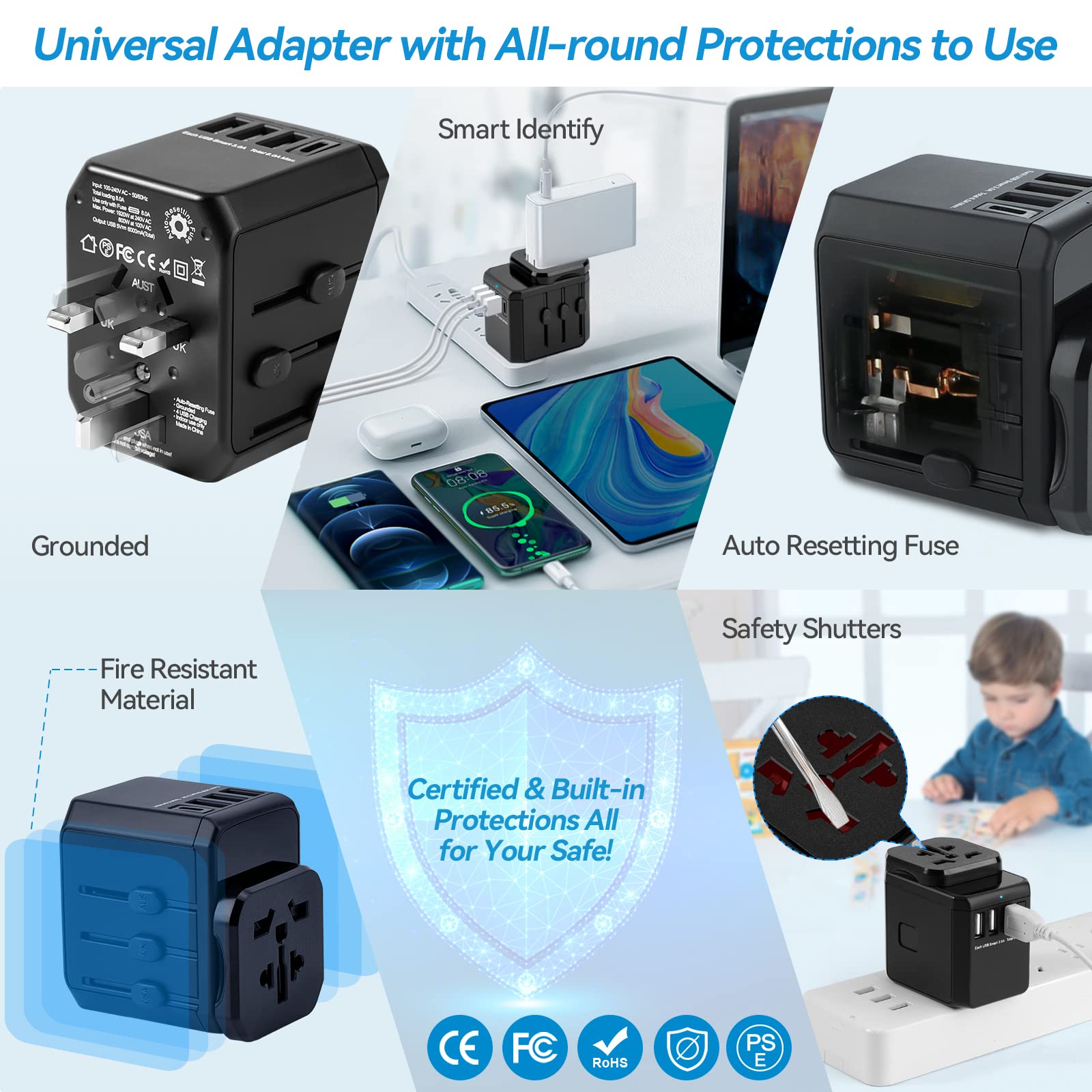 Universal Travel Adapter - Worldwide All-in-One Power Plug Converter for International Travel - Compact, Lightweight & Portable - Perfect for Business Trips, Vacations & Overseas Adventures (Black)