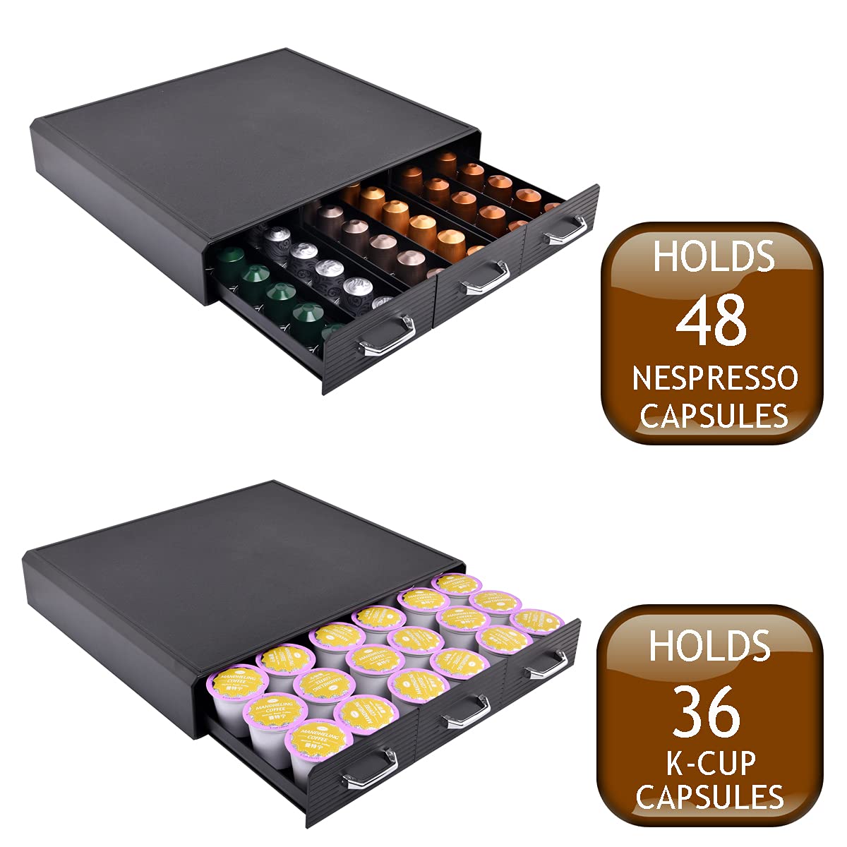 Black Coffee Pod Storage Drawer - 36 K-Cup or 48 Nespresso Capsule Organizer - Compact Coffee Maker Holder for Kitchen Countertops - Perfect for Home, Office & Coffee Shops
