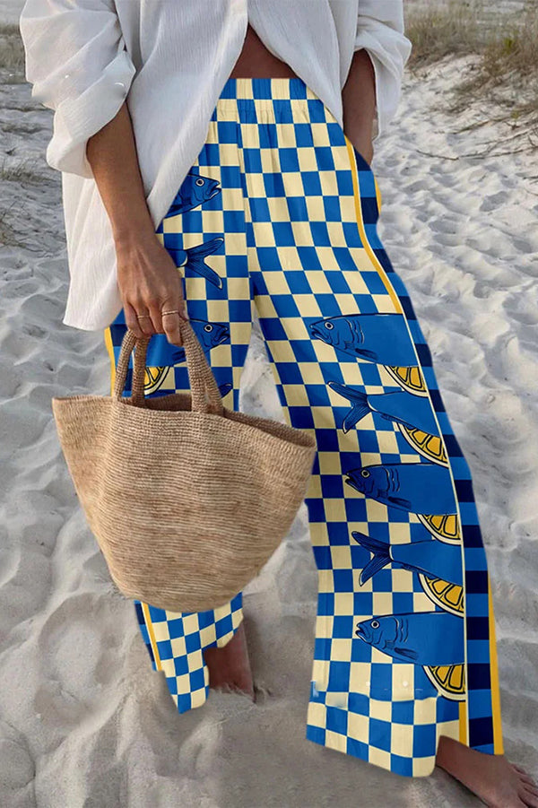 Stylish Marine Print Elastic Waist Loose Pocket Pants for Women - Comfortable Beachwear & Casual Summer Outfits