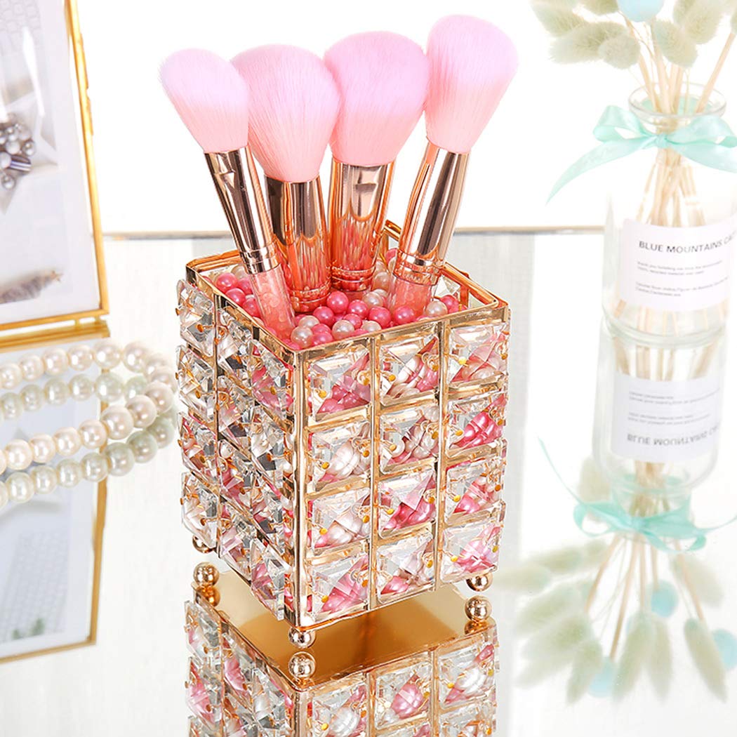 Handmade Crystal Makeup Brush Holder & Eyebrow Pencil Organizer - Gold Square Cosmetic Storage for Vanity, Bathroom, Office Desk | Perfect for Beauty Tools, Stationery & Desk Accessories Organization