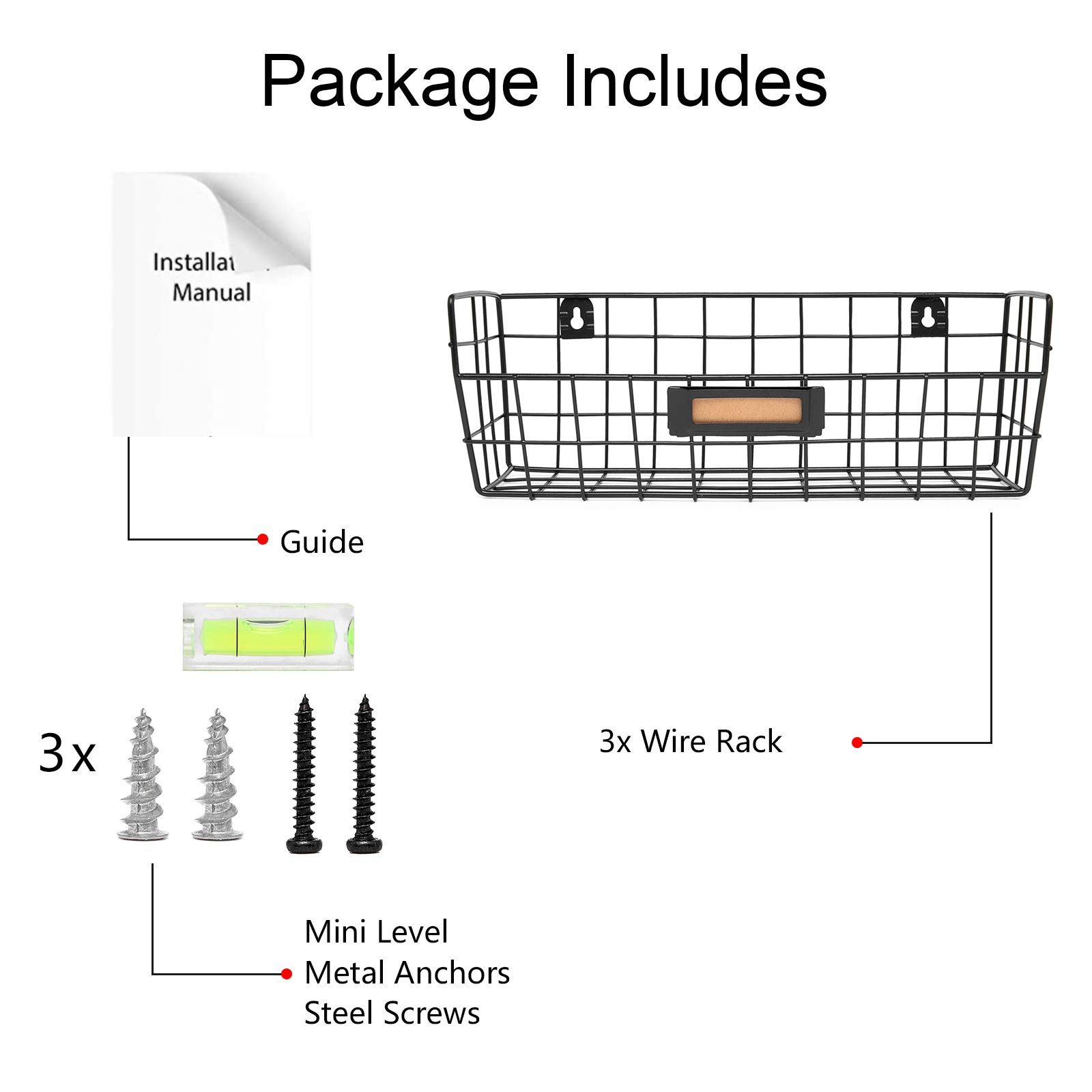 Wall Mounted Wire Basket Set of 3 - Kitchen Storage Organizer, Pantry Shelf, Fruit Basket - Black (Ideal for Small Spaces, Bathroom, Garage & Closet Organization)