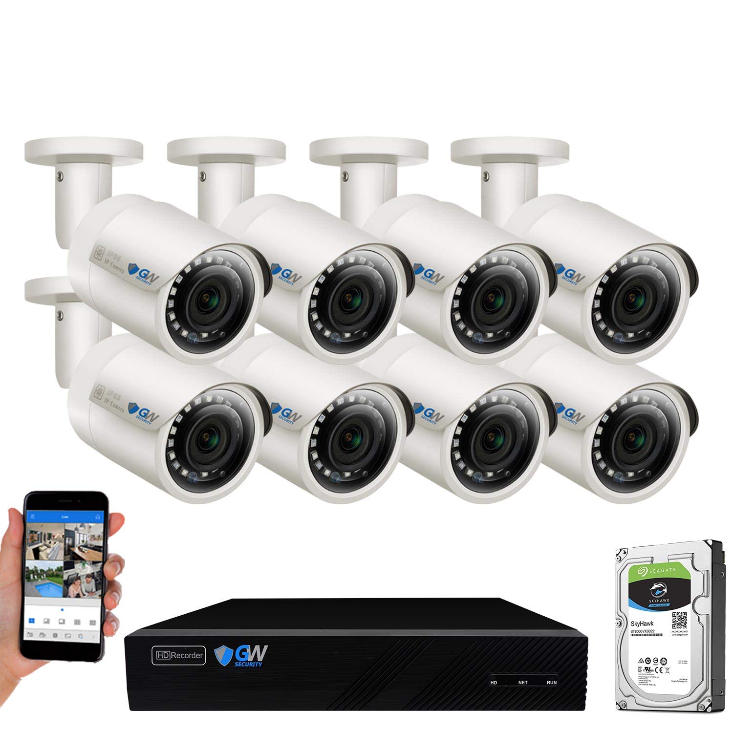 GW Security 8 Channel 4K NVR 5MP POE Audio & Video Surveillance System with 8 Weatherproof Bullet Cameras - AI Human & Vehicle Detection, Built-in Microphone, Pre-Installed 2TB HDD | Ideal for Home Security, Business Monitoring & Outdoor Surveillance