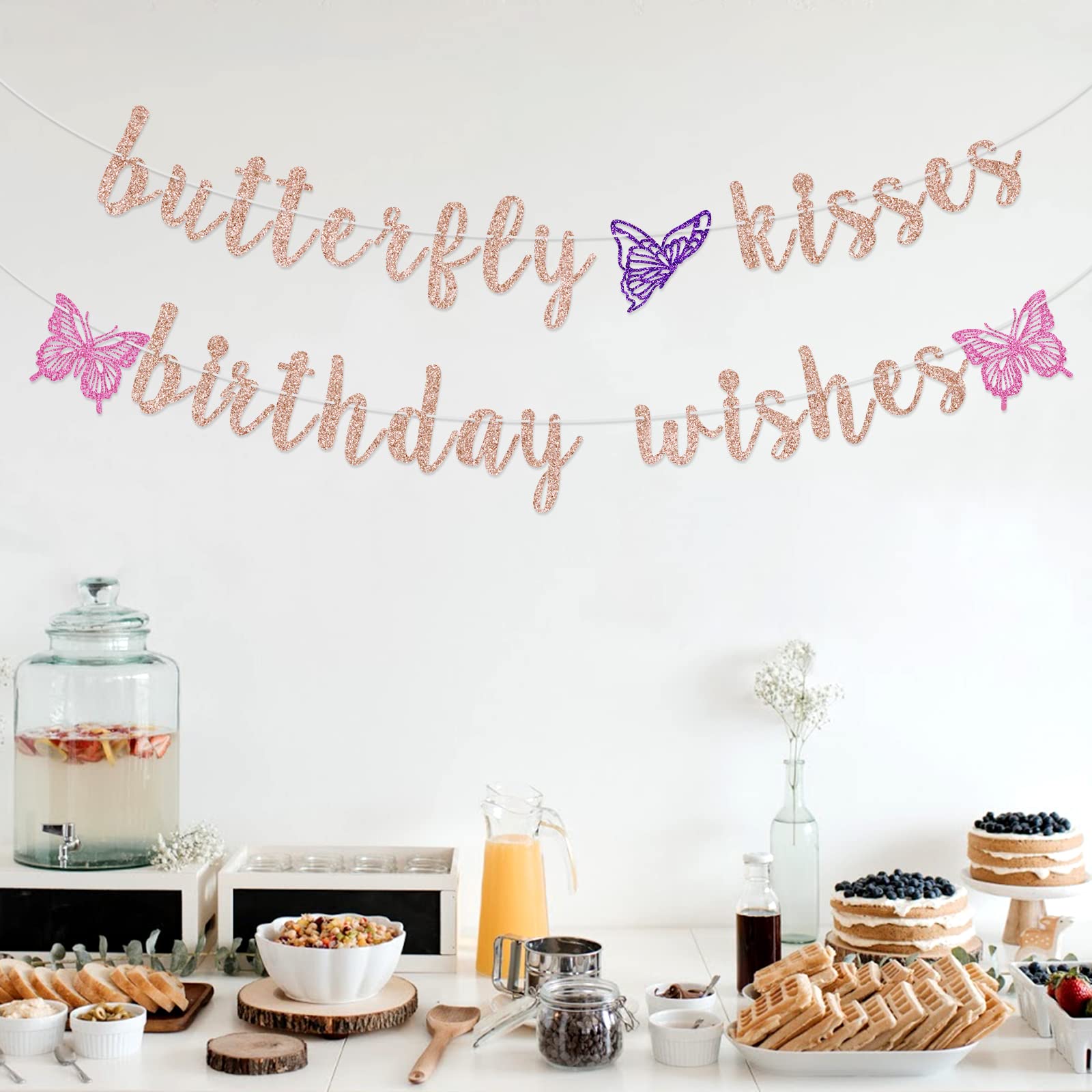 Butterfly Kisses Birthday Banner - Rose Gold First Birthday Party Decorations for Girls, Baby Shower & Birthday Celebrations