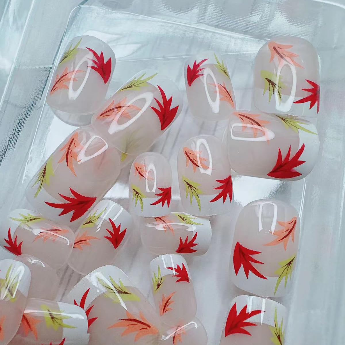 Autumn Maple Leaf Press-On Nails - Glossy Square French Tip Fake Nails with Leaf Design, White Acrylic Stick-On Nails for Women | Fall Winter Manicure, Thanksgiving Party & Holiday Nail Art