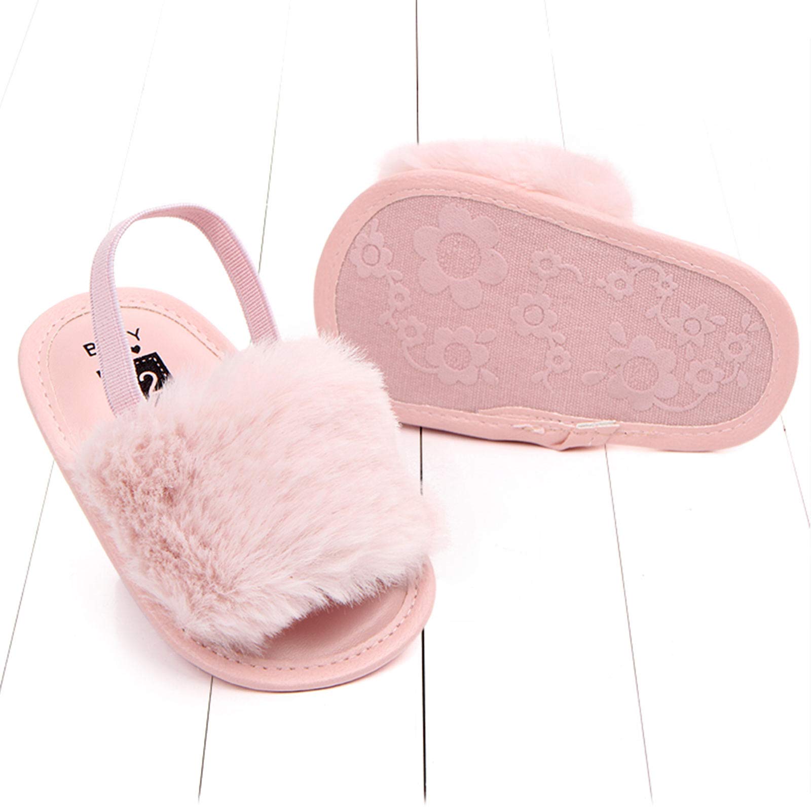 2 Pack Baby Girls Sandals - Soft Elastic Back Strap Flats with Faux Fur - First Walker Slippers for Toddlers | Indoor House Shoes & Princess Style Footwear for Playtime & Special Occasions