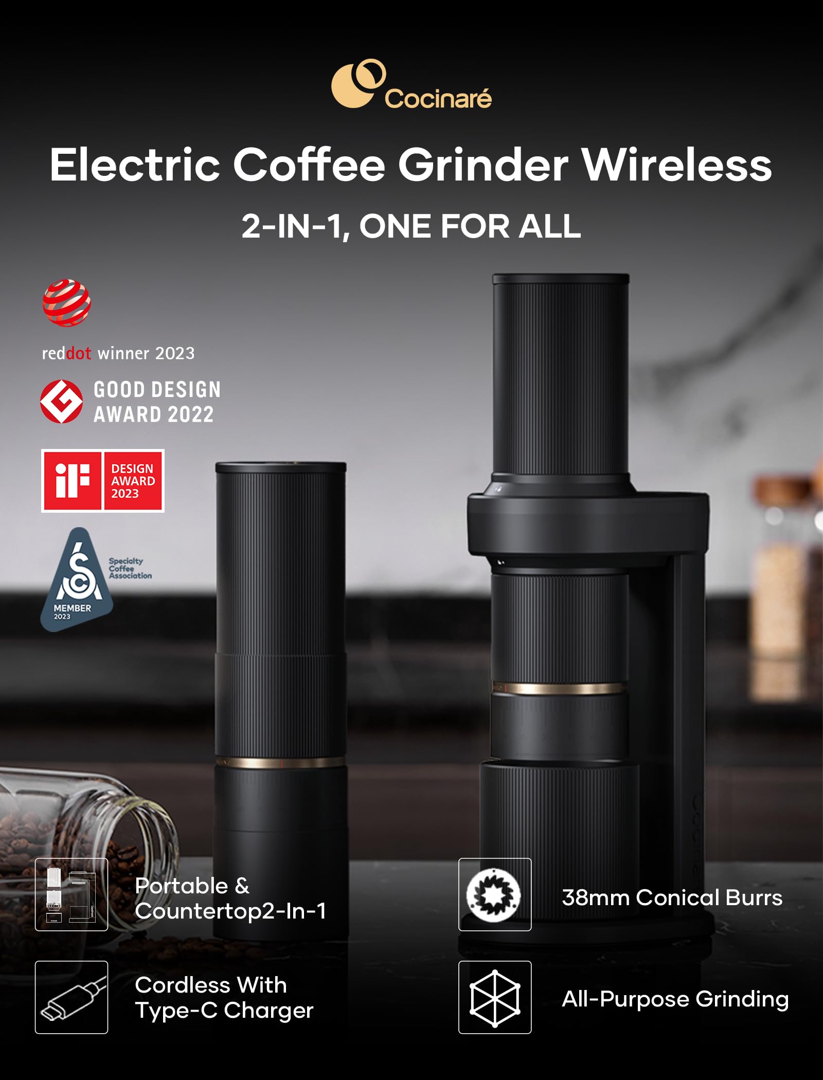 Cocinare Electric Wireless Portable Burr Coffee Grinder for Drip Espresso & Cold Brew - ESSENCE Lite Black | Perfect for Home Office Travel & Camping