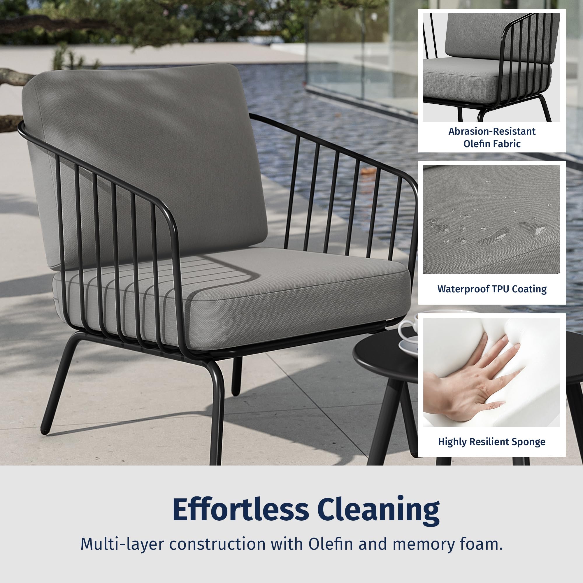 EAST OAK 3-Piece Outdoor Patio Furniture Set with Thick Cushions - Modern Black & Grey Bistro Sofa Set with Coffee Table for Balcony, Garden or Backyard - Perfect for Relaxing, Entertaining and Outdoor Dining