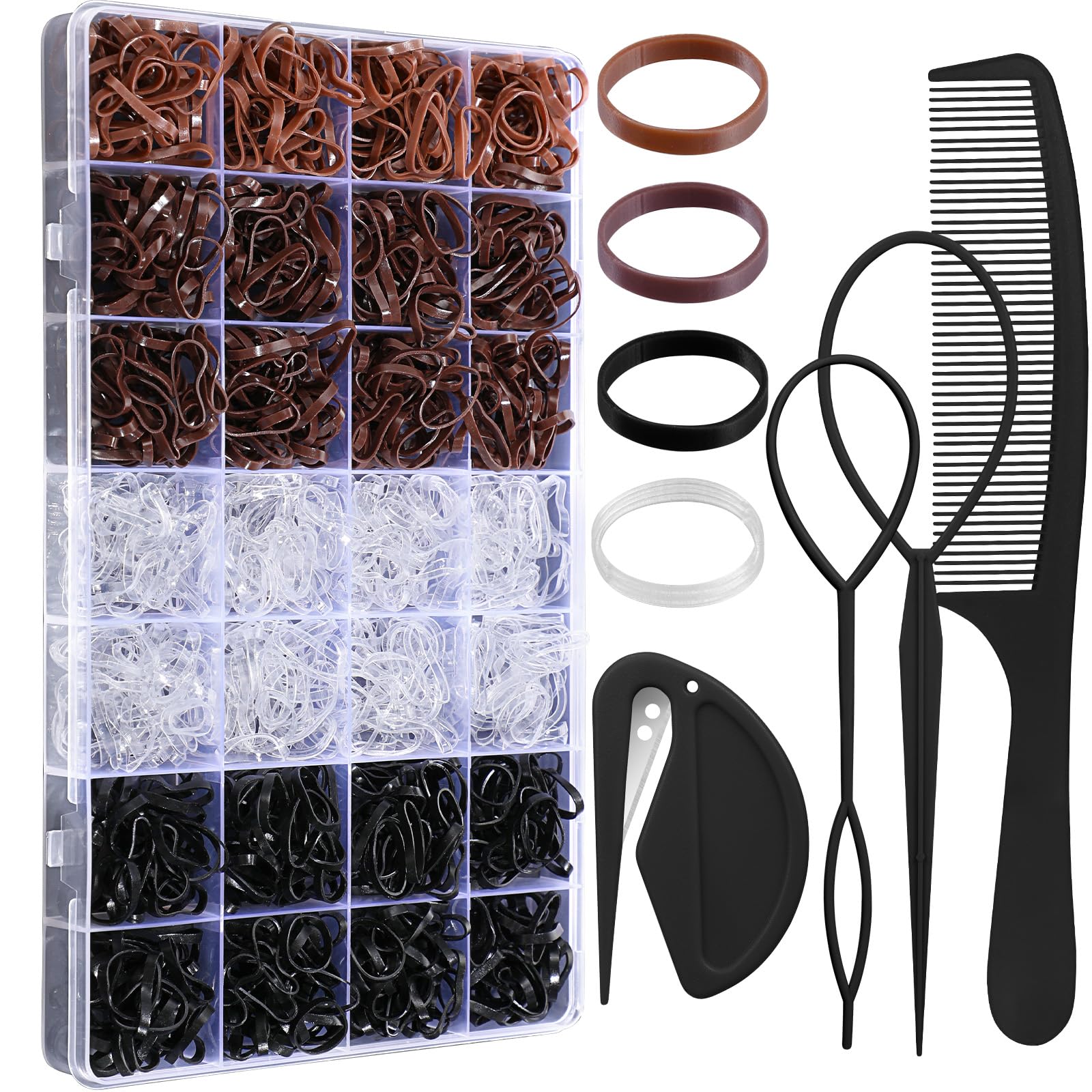 1500 Pcs Small Elastic Hair Bands - Black, Brown & Clear Mini Rubber Hair Ties for Women & Baby Girls | Includes Hair Comb & Elastic Cutter | Perfect for Ponytails, Braids & Everyday Hairstyles