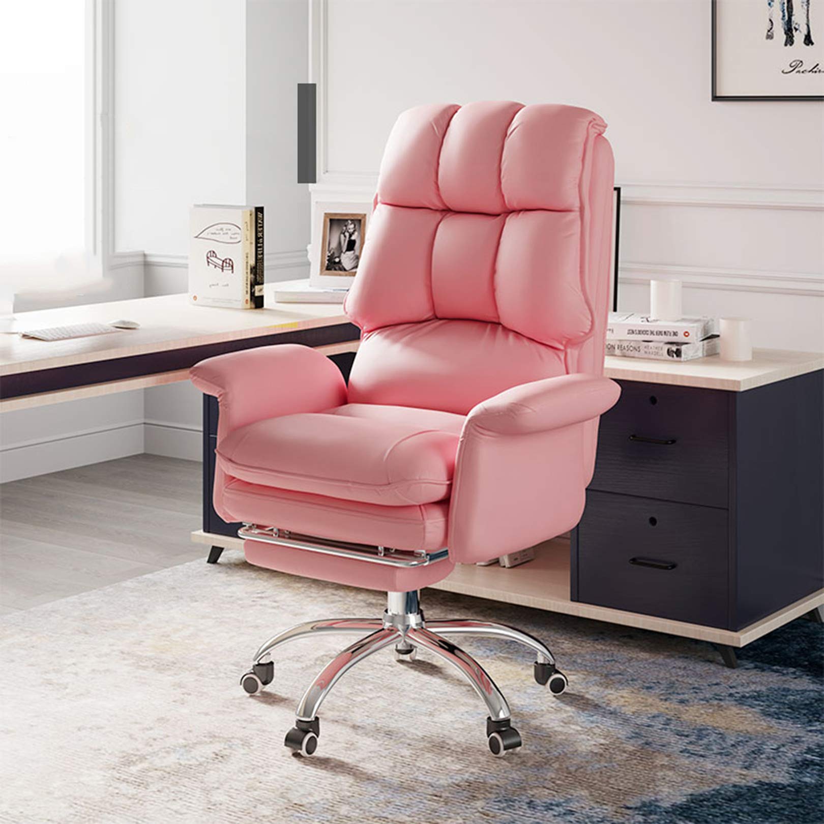 Ergonomic PU Leather Office Chair with Lumbar Support & Footrest - High Back Swivel Executive Desk Chair for Home & Computer Work - Adjustable Rolling Chair for Comfortable Working & Gaming
