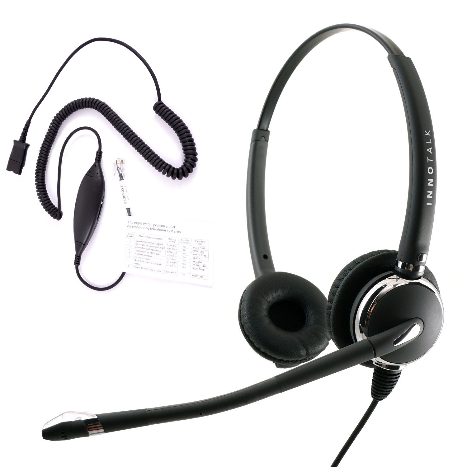 RJ9 Headset with Virtual Switch - Binaural Noise Cancelling Microphone & Swiveling Receiver, Quick Disconnect Compatible with Plantronics QD | Perfect for Call Centers, Office Communications & Customer Service Teams