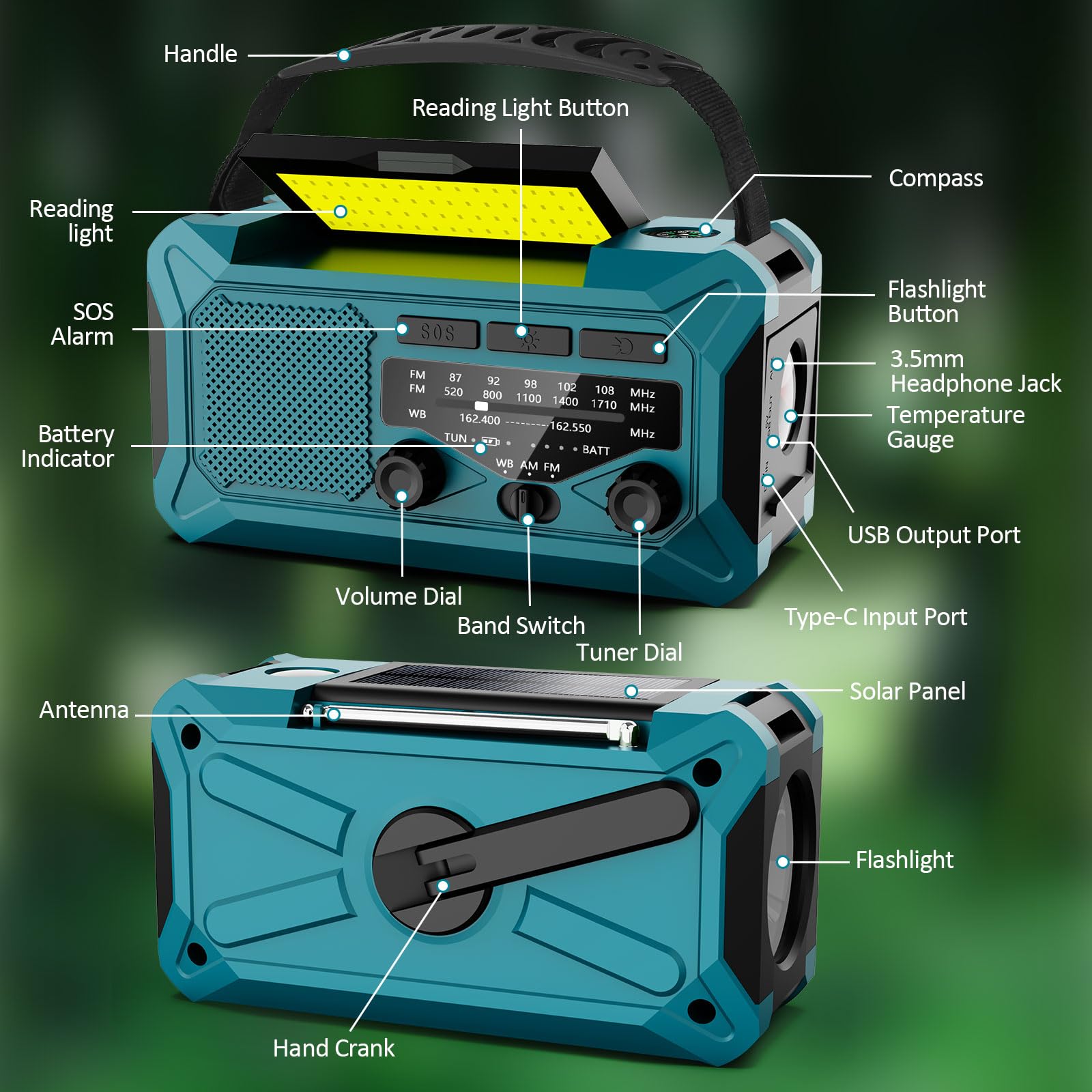 Emergency Hand Crank Weather Radio - Toolchums 10000mAh Solar Powered AM/FM/NOAA Radio with USB Phone Charger, LED Flashlight, Reading Lamp & SOS Alarm (Blue) - Perfect for Outdoor Camping, Hiking, and Emergency Preparedness