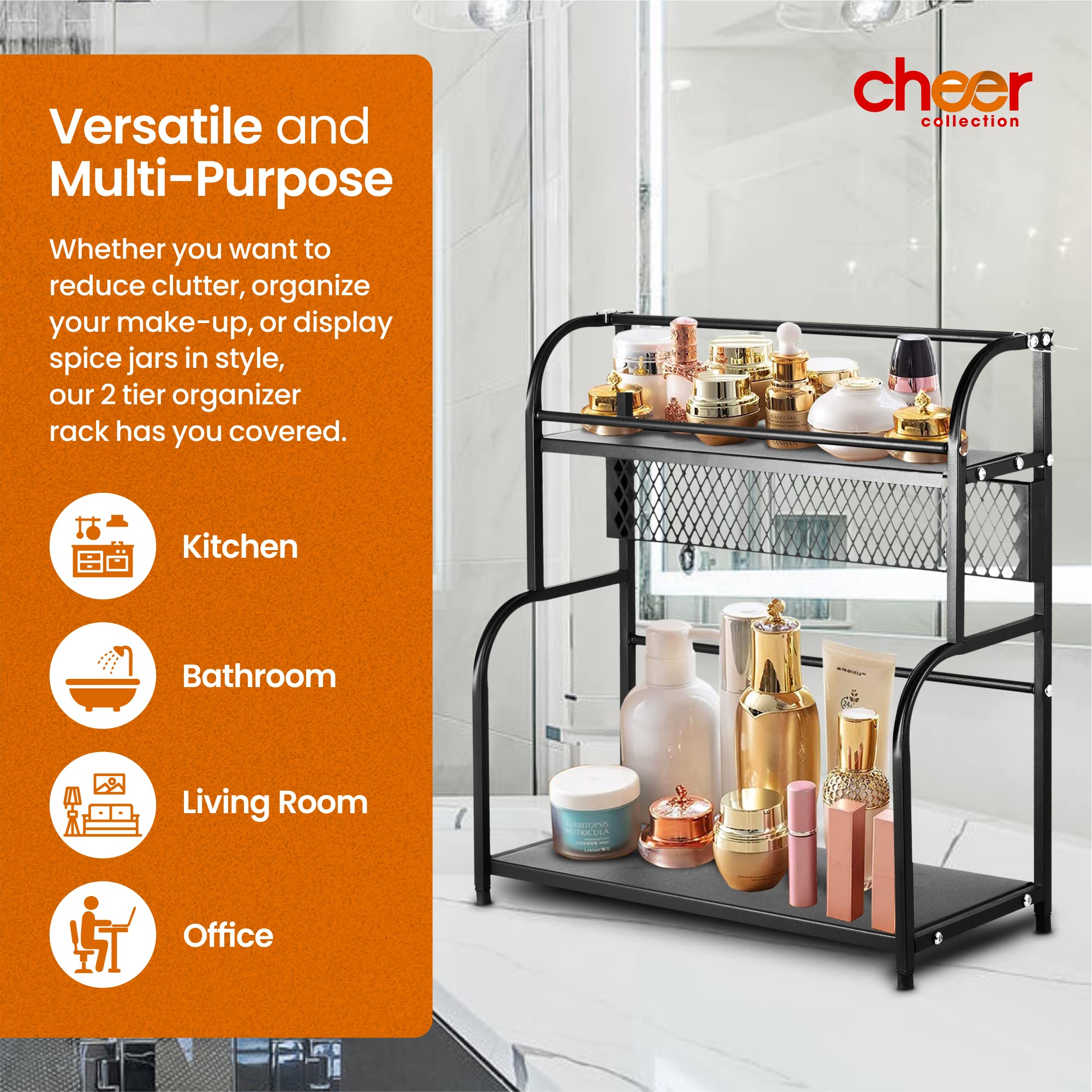 2-Tier Spice Rack Organizer - Non-Slip Kitchen Counter & Pantry Storage Shelf for Spices, Cosmetics, or Bathroom Essentials | Space-Saving Home Organization Solution for Kitchen, Bathroom, or Vanity