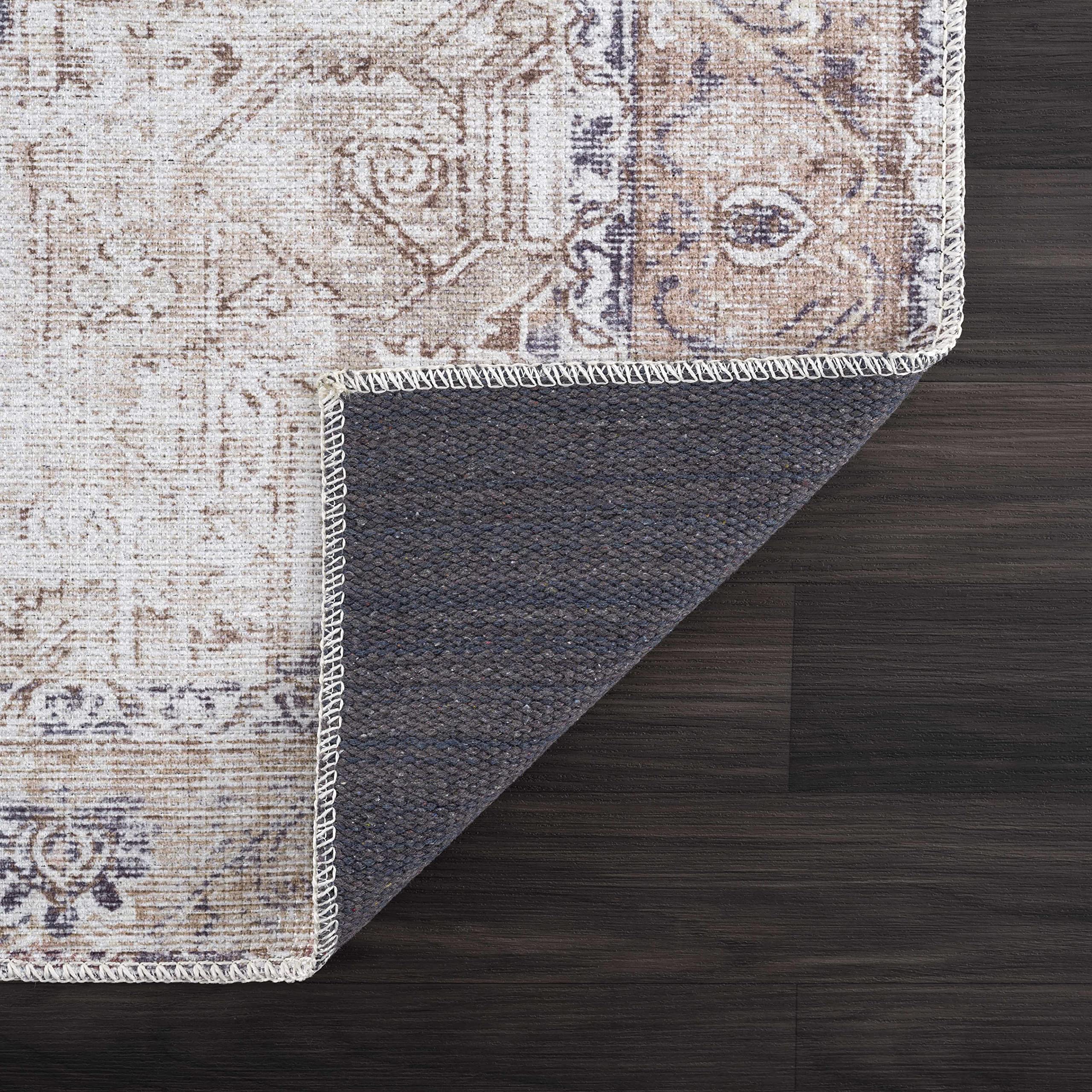 Machine Washable Traditional Runner Rug for Hallway & Kitchen - Beige, Light Brown, Navy - 2'7
