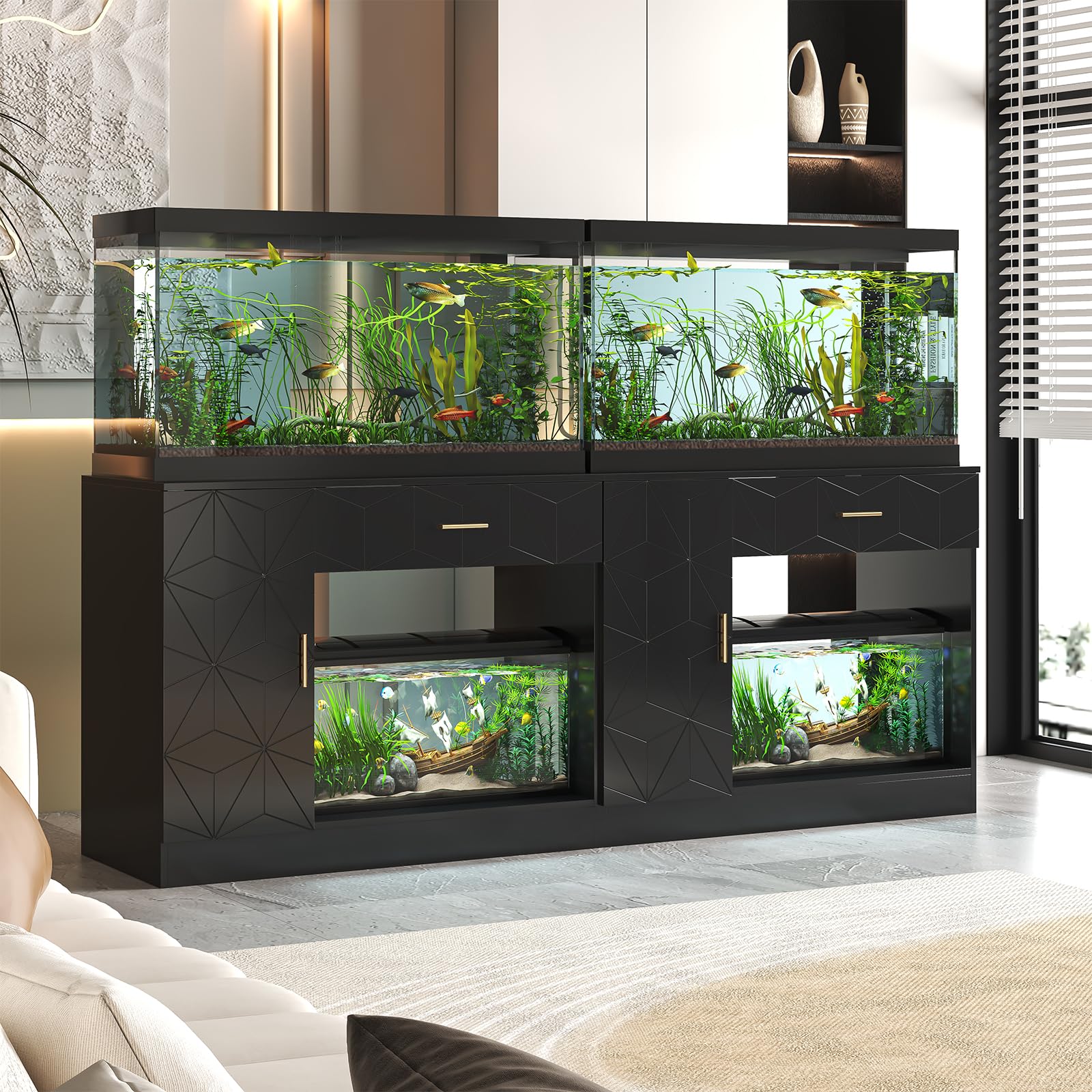 40 Gallon Fish Tank Stand - Heavy Duty Black Aquarium Stand for 29-50 Gallon Tanks with Drawer & Cabinet - Sturdy & Durable for Home, Office or Pet Store Use