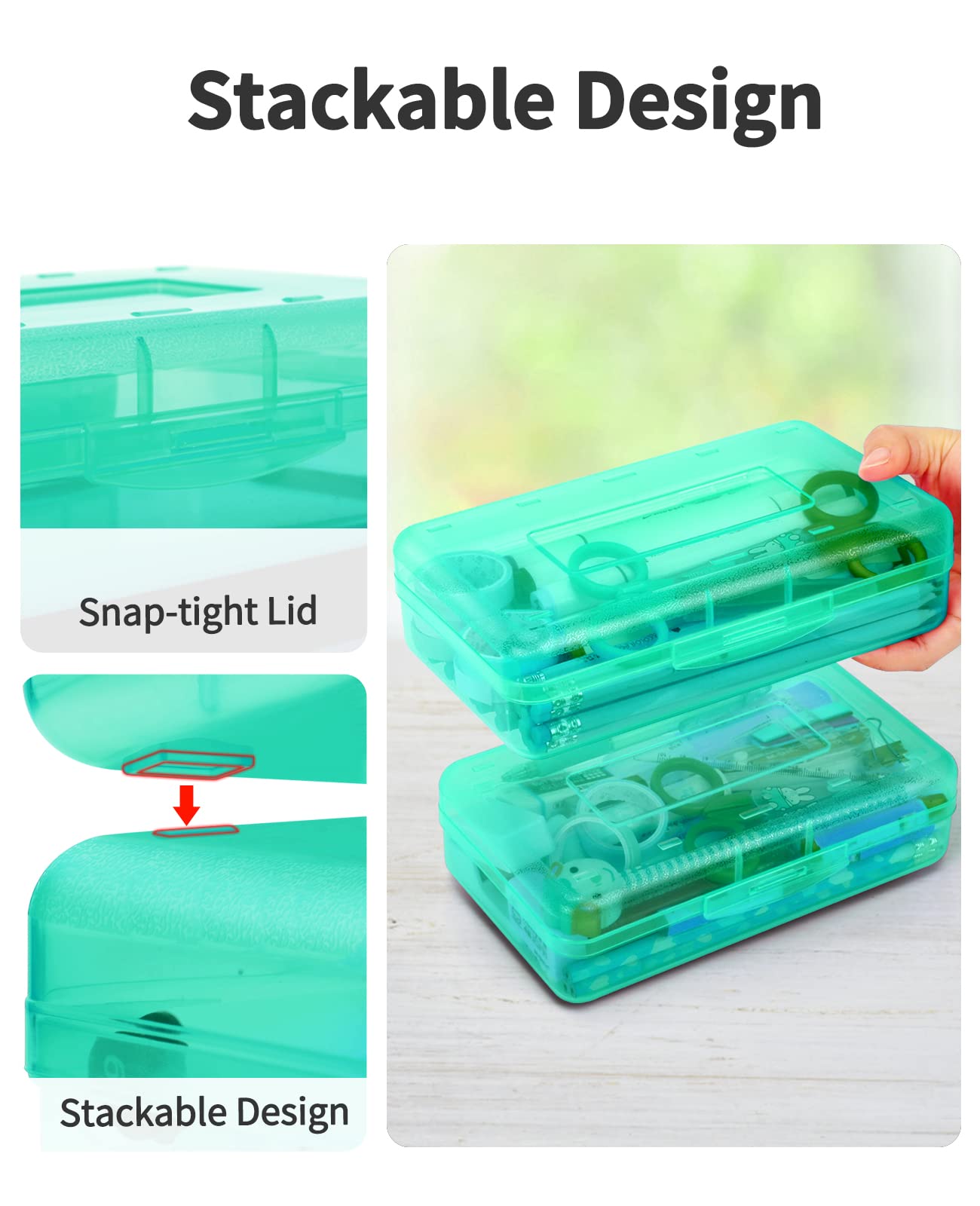 Sooez 6 Pack Clear Plastic Pencil Boxes for School - Hard Stackable Pencil Cases with Lids, Bulk School Supplies Organizer for Kids, Crayons, Markers & Art Supplies - Perfect for Classroom, Homeschool & Back to School Organization