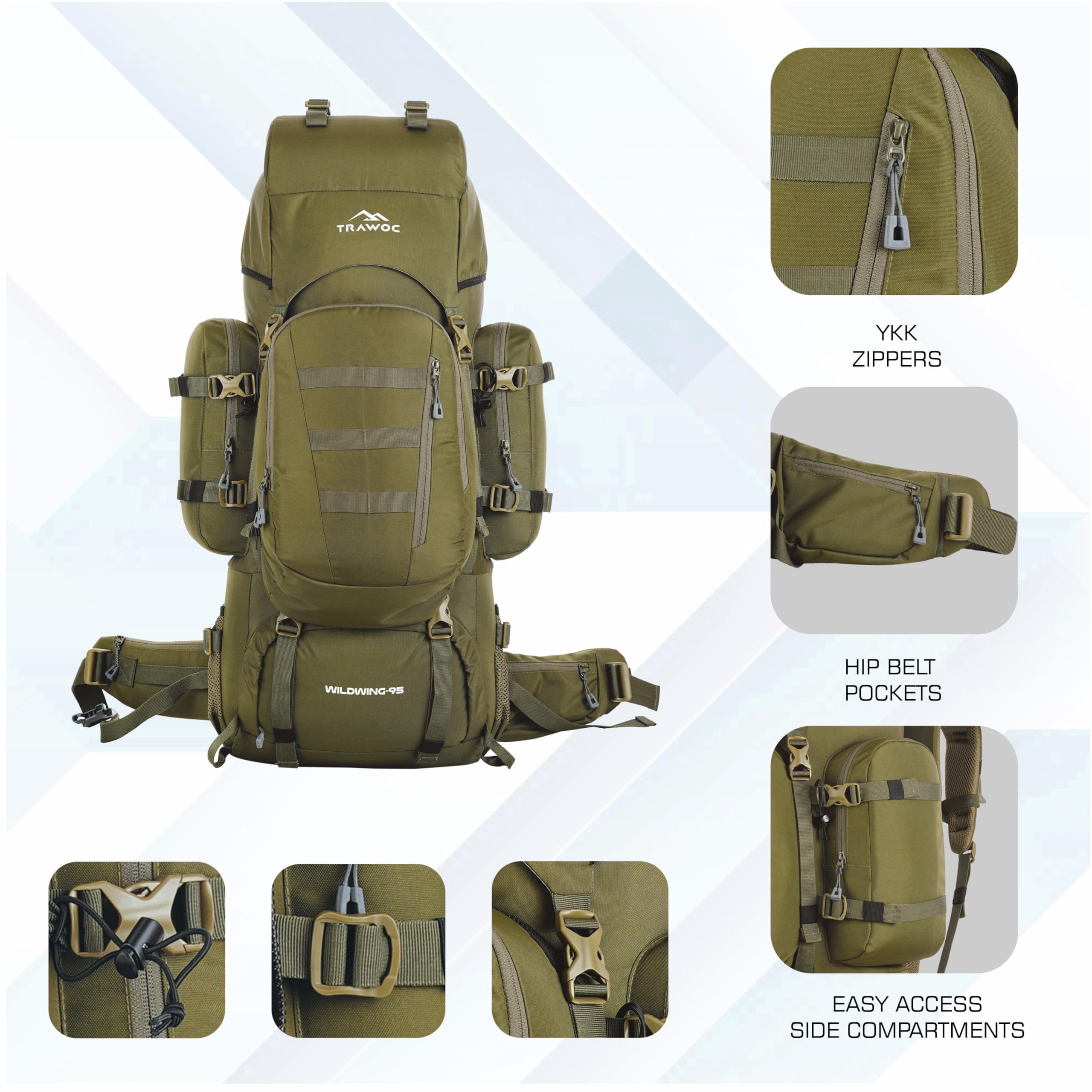 WILDWING 95L Internal Frame Travel Backpack with Detachable Daypack - Lightweight Hiking & Trekking Backpack for Men & Women - Olive Green - Perfect for Camping, Backpacking & Outdoor Adventures
