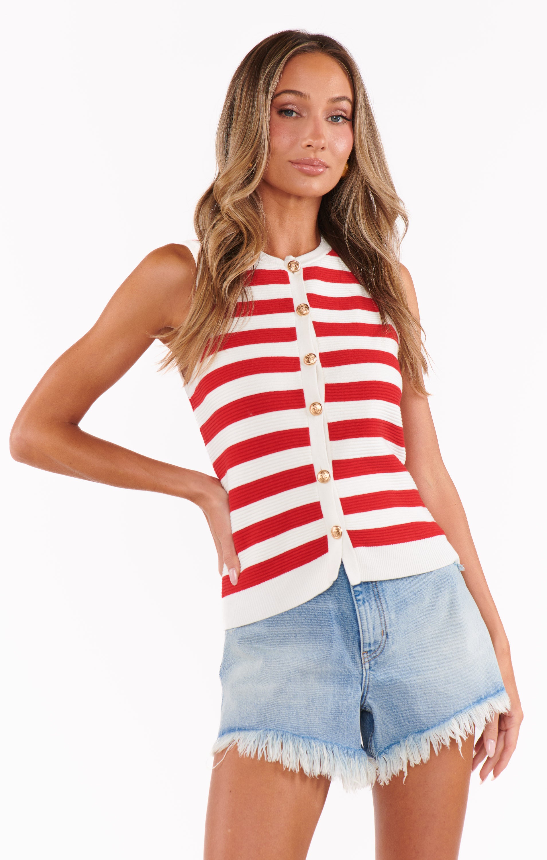 Devin Tank Top - Red Stripe Delight Knit Women's Casual T-Shirt for Summer Outfits and Beach Wear
