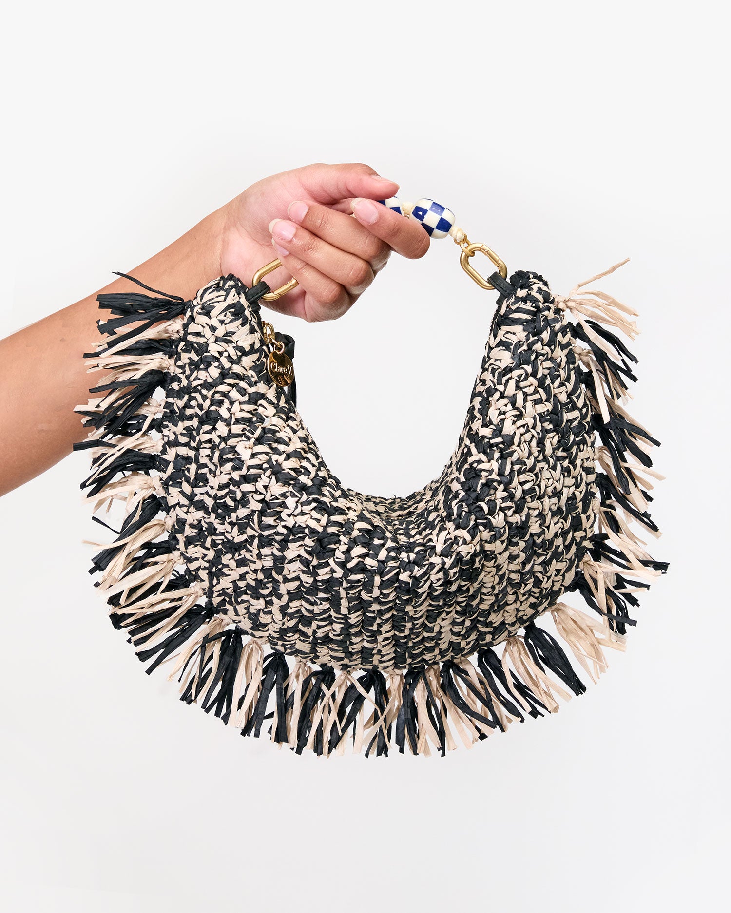 Lune Black Cream Raffia Straw Handbag with Fringe - Stylish Summer Beach Bag for Women, Perfect for Vacations and Outdoor Events