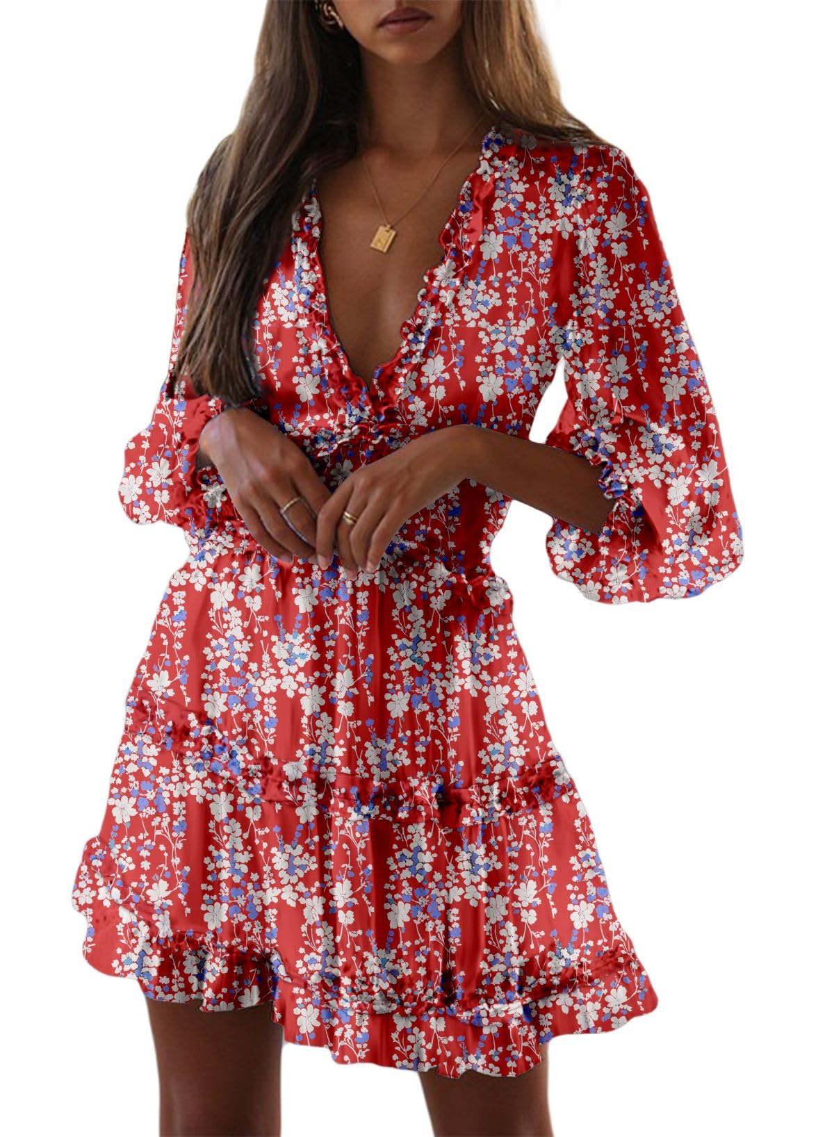 Dokotoo Women's Deep V Neck Long Sleeve Backless Ruffle Floral Mini Dress - Spring Summer 2025 Fashion, Party, Date Night, Cocktail, Vacation Outfit