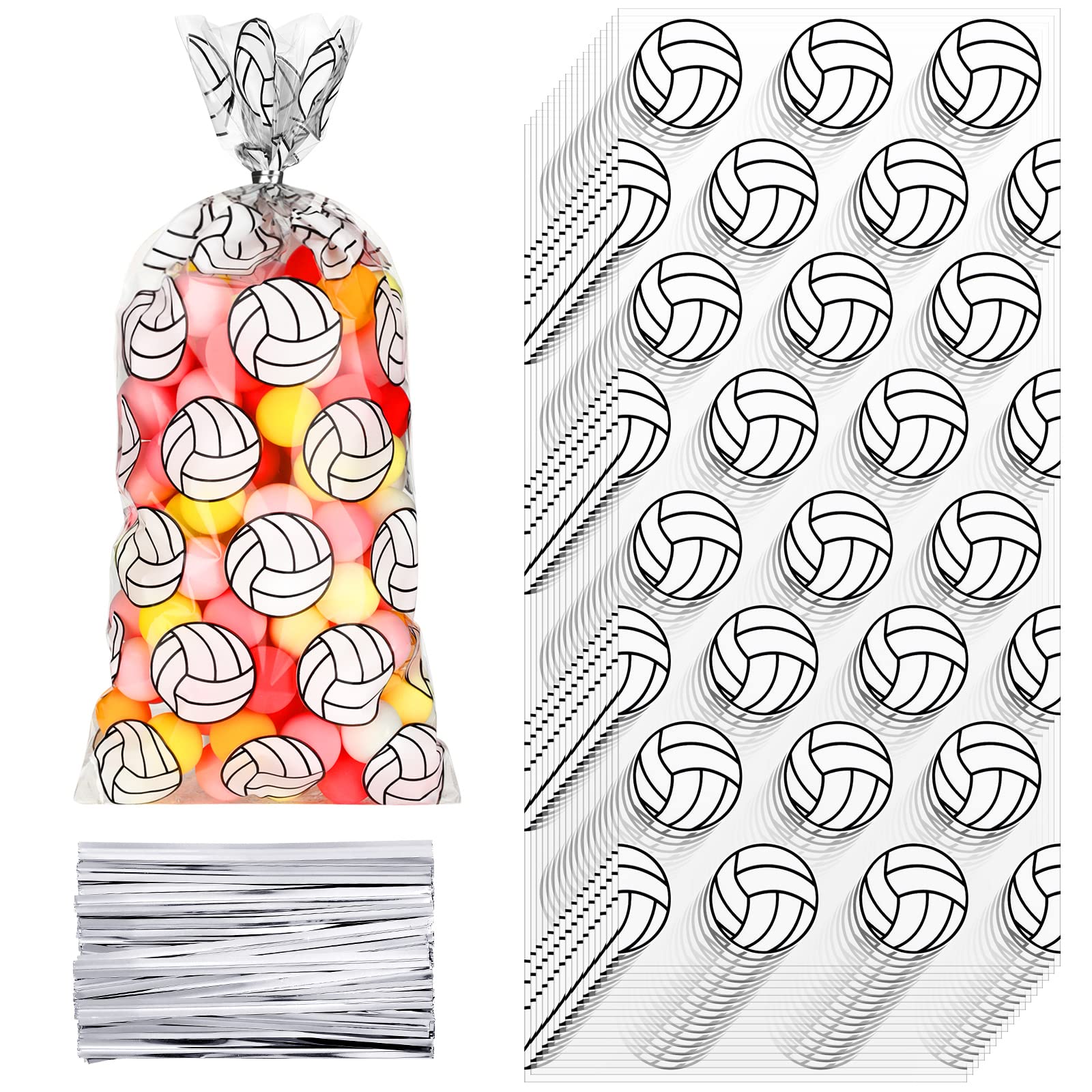 Outus 100-Piece Volleyball Print Cellophane Bags with 200 Twist Ties - Perfect for Volleyball Party Favors, Birthday Treat Bags & Sports-Themed Goodie Bags | Great for Team Celebrations, Tournament Prizes & Game Day Snacks