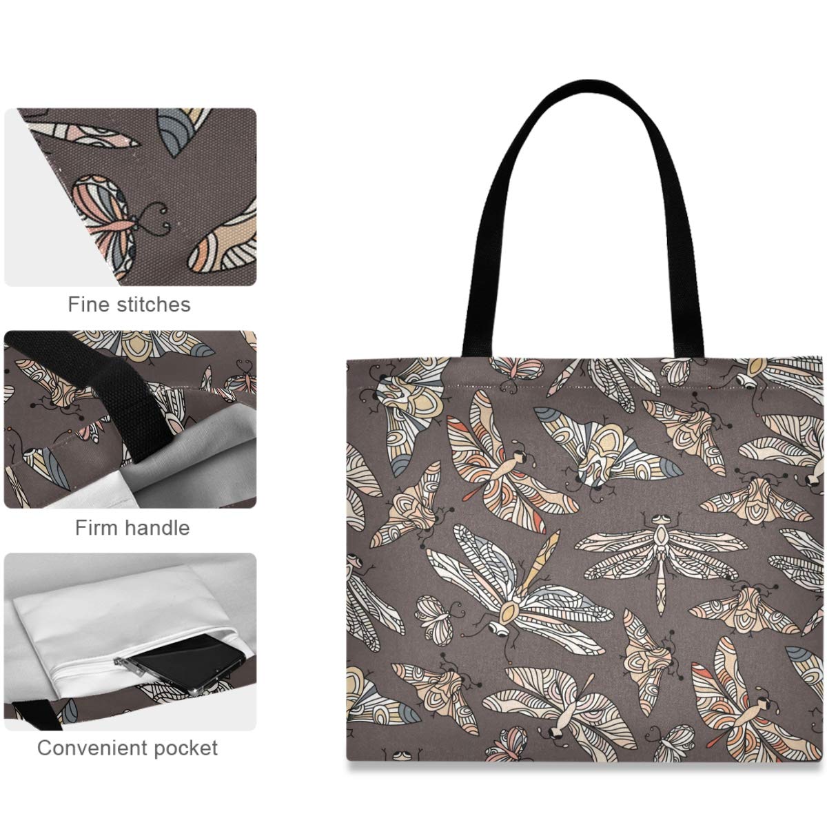 Visesunny Women's Extra Large Tote Bag with Fantasy Butterfly & Dragonfly Print - Reusable Grocery Shopping Bag, Beach Travel Shoulder Bag for Ladies - Perfect for Work, School, Picnics & Daily Errands