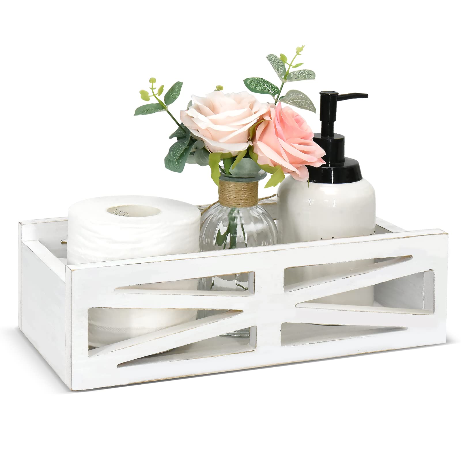 Farmhouse Rustic Wooden Bathroom Decor Box - Toilet Tank Basket & Paper Storage Organizer for Countertop, Dresser - Perfect for Farmhouse, Rustic, and Vintage Home Decor Styles