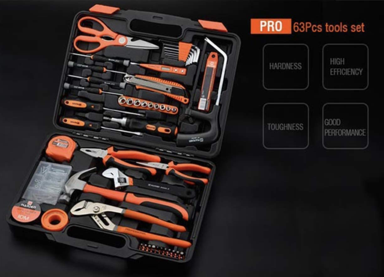 Edward Tools 63-Piece Heavy-Duty Tool Set with Toolbox - Complete Handyman Kit for Home, Garage & Dorm - Includes Hammer, Screwdrivers, Wrenches, Pliers, Saw & More - Perfect for DIY Repairs, Woodworking & Emergency Fixes