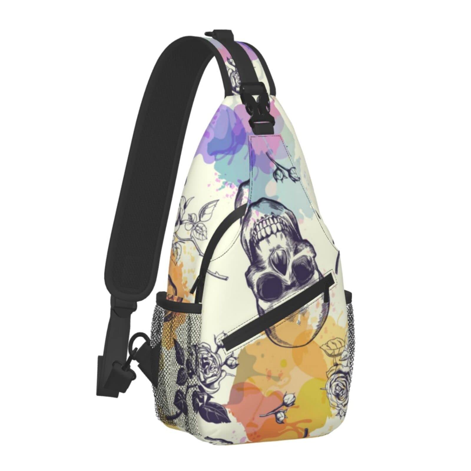Men's Vintage Rose Sugar Skull Sling Bag - Lightweight Crossbody Backpack with Anti-Theft Design, Fashionable Unbalanced Shoulder Chest Daypack for Travel, Gym & Daily Use