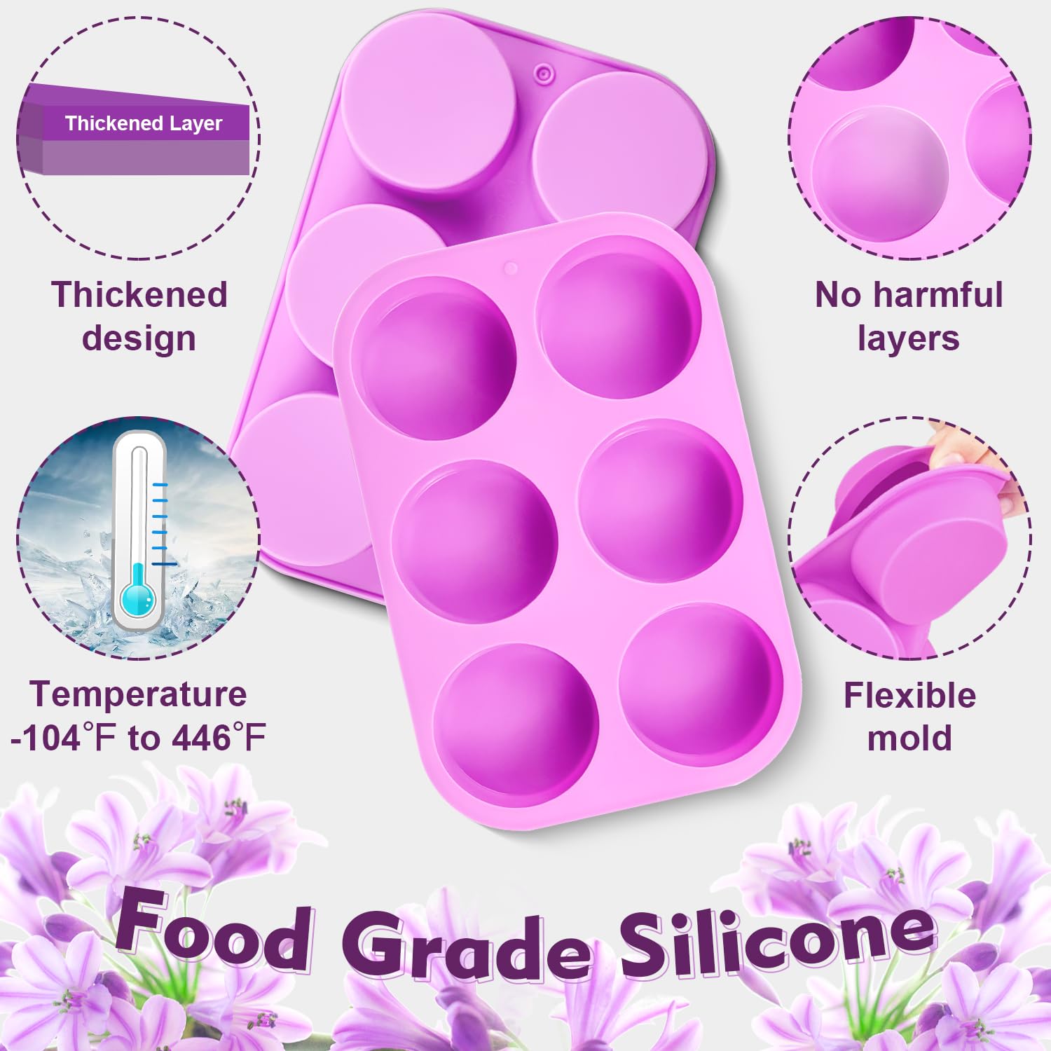 Walfos Round Silicone Soap Molds - BPA Free Non-Stick Circular Soap & Candle Molds (Set of 2, Purple) - Perfect for DIY Soap Making, Candles, Cookies, Oreos, Candy, Pudding & Jello - Great for Home Crafts, Gifts & Party Treats
