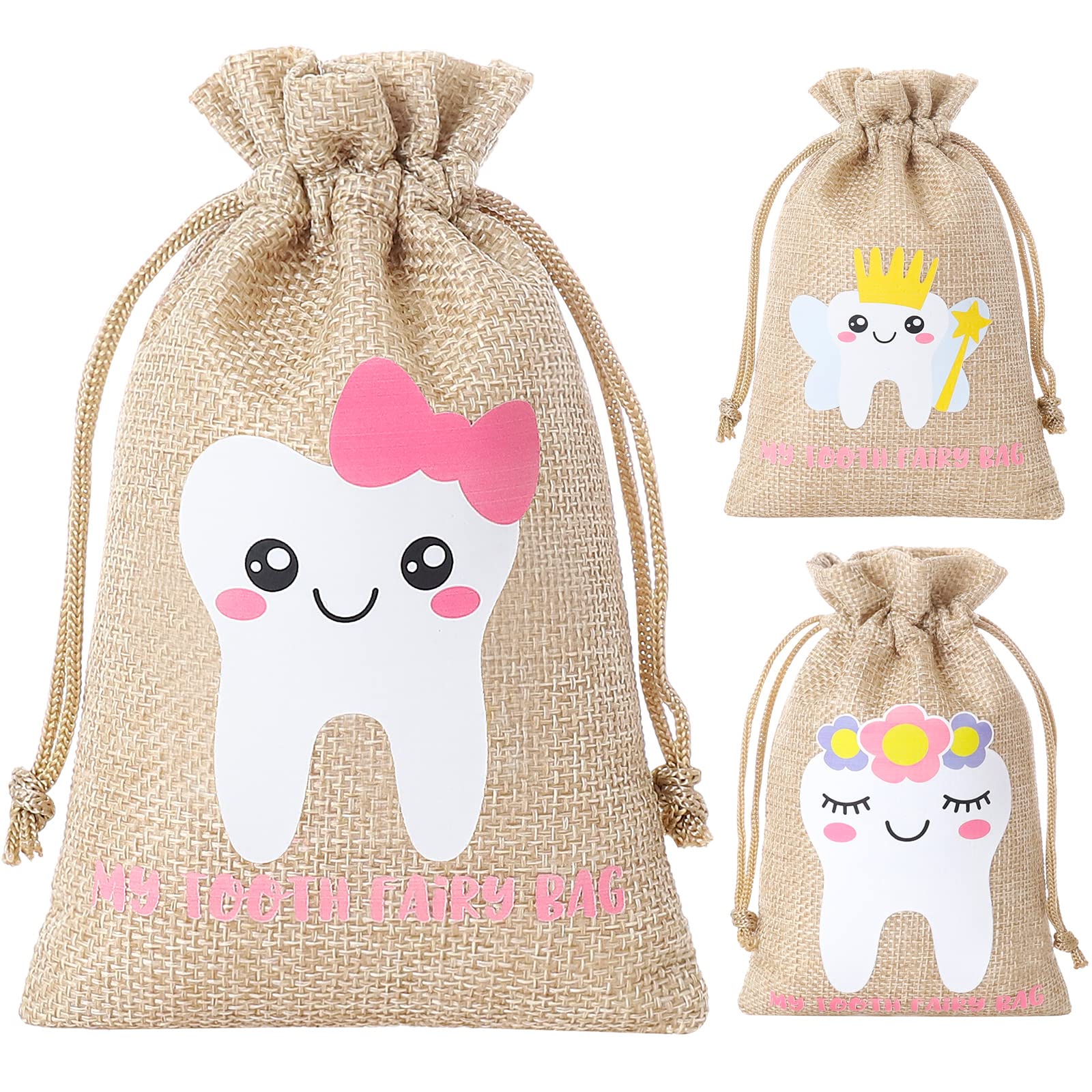 Hopttreely 3PCS Pink Tooth Fairy Bags for Girls - Keepsake Pouch & Milk Teeth Storage Box with Drawstring Closure | Perfect for First Lost Tooth Celebration & Childhood Memory Preservation