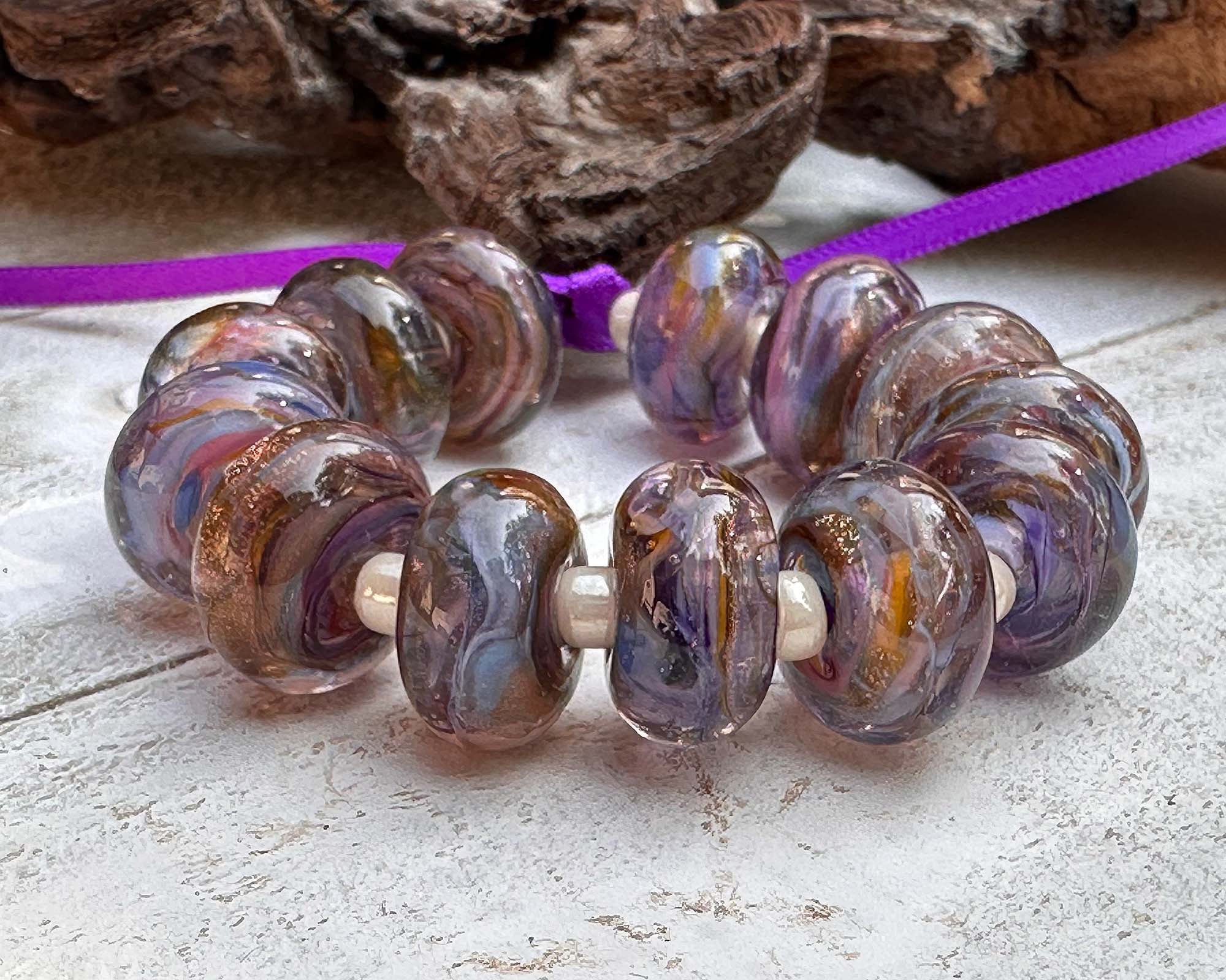 13 Purple Blue Swirl Lampwork Glass Beads Set for Jewelry Making - DIY Bracelet, Necklace & Craft Projects (SRA)