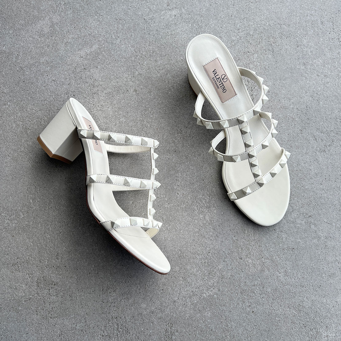 Valentino Rockstud Block Heel Mule Sandals 60mm in Ivory - Perfect for Weddings, Parties & Summer Outfits