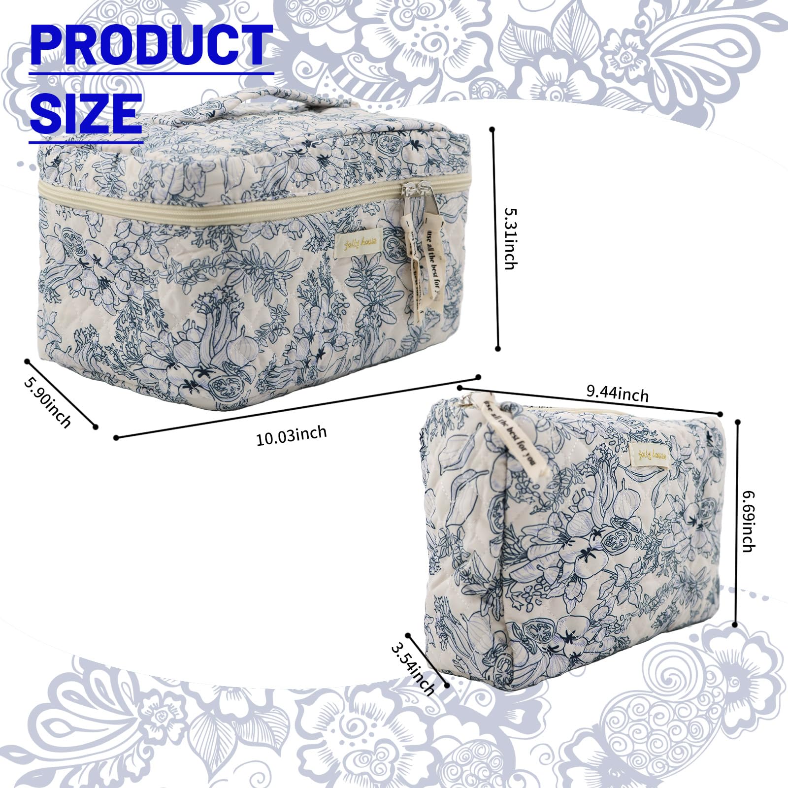 2 Pack Large Cotton Quilted Makeup Bags for Women - Aesthetic Floral Cosmetic Organizer & Kawaii Toiletry Pouch | Perfect for Travel, Gym, and Daily Beauty Essentials Storage