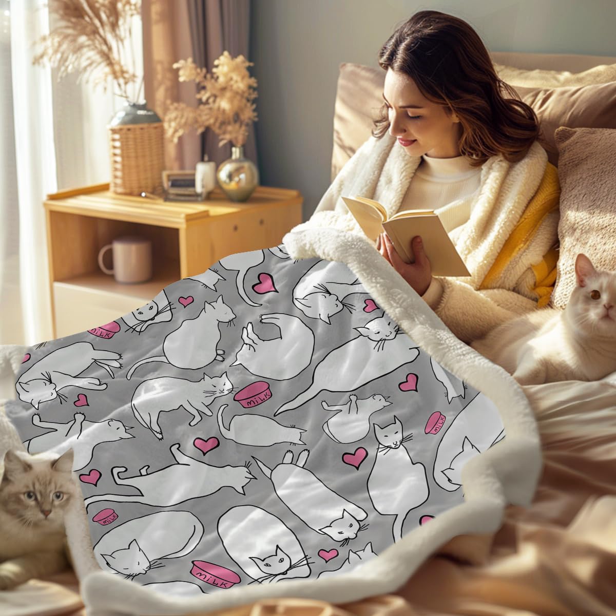 Sleepwish White & Gray Sherpa Fleece Throw Blanket - Super Soft Cat Print Blanket for Kids & Baby (30x40 Inches) - Cozy for Bed, Couch, Chair, Nursery & Travel
