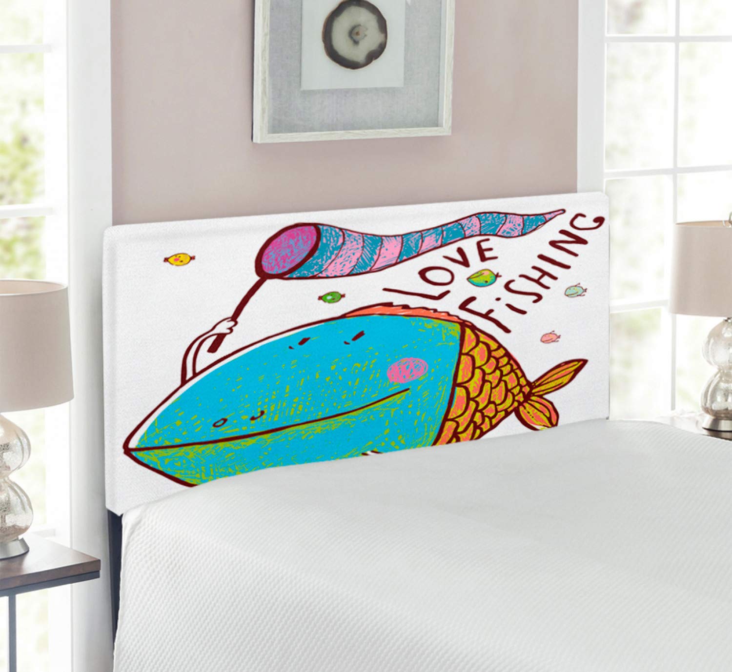 Ambesonne Fishing Headboard - Large Humorous Fish with Love Flag Design, Upholstered Metal Bed Frame with Memory Foam (Twin Size, Multicolor) - Perfect for Kids' Rooms, Beach Themed Bedrooms & Fishing Enthusiasts