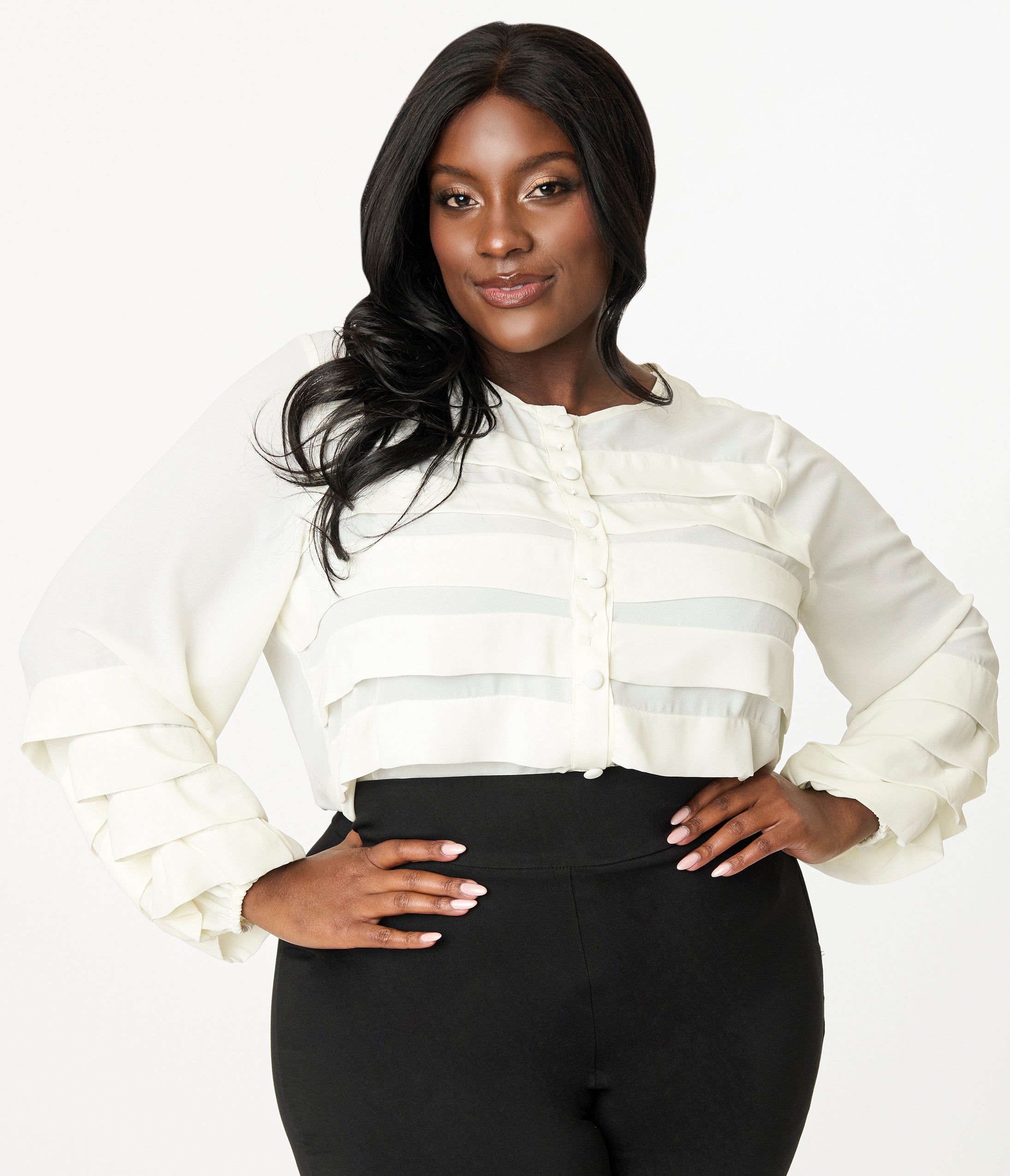 Smak Parlour Plus Size 1960s Vintage Cream Pleated Front Blouse - Retro Office Wear & Special Occasion Outfit