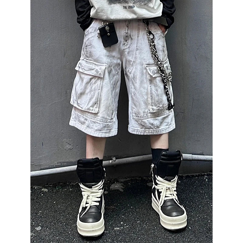 American Style Men's Distressed Denim Shorts with Big Pockets - Straight Wide Leg Casual Jeans for Men (Design 9C6702) | Perfect for Summer Outings, Beach Trips, and Casual Streetwear