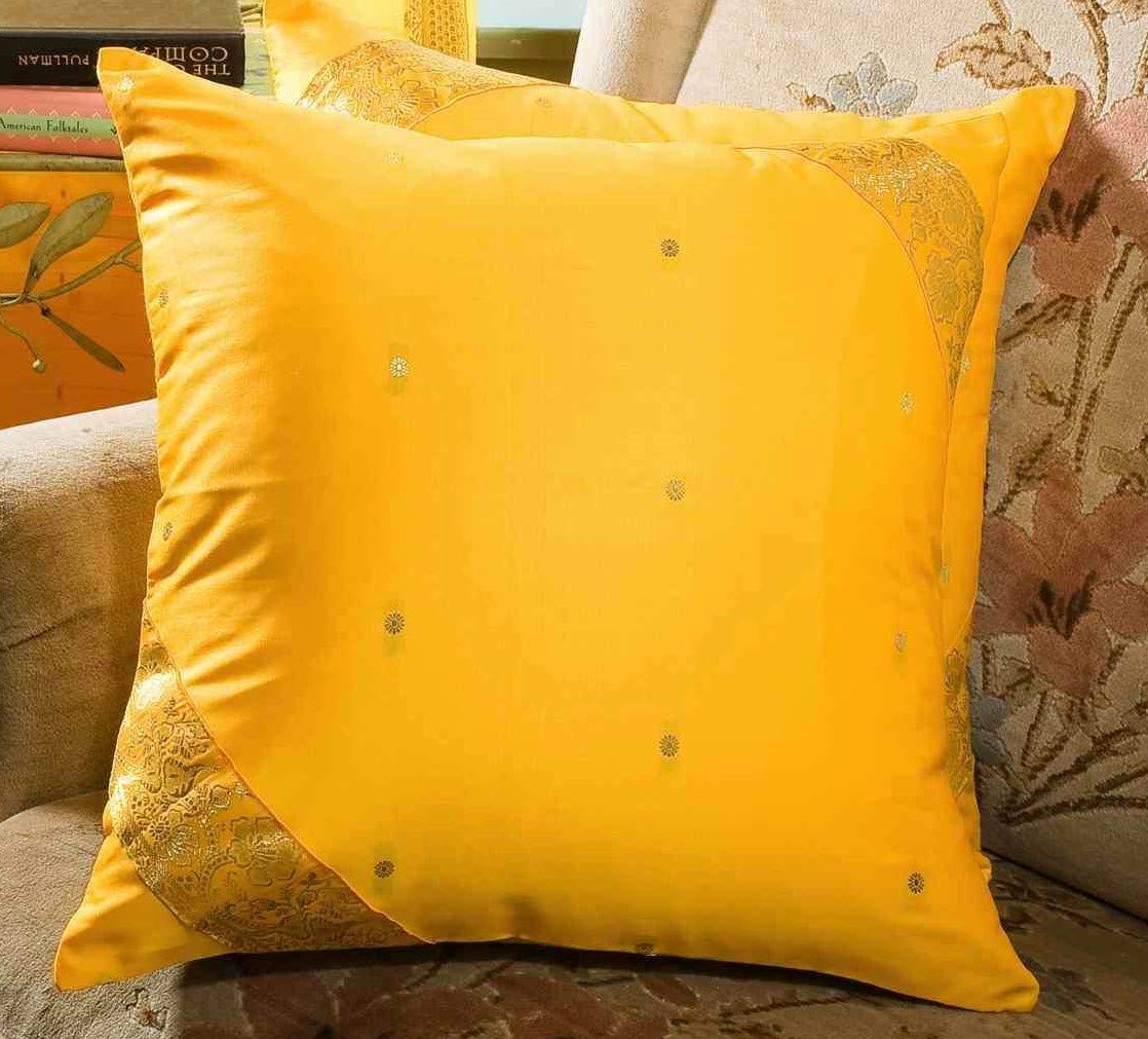 Handmade Sunny Yellow Sari Cushion Covers Set of 2 - Boho Indian Sari Throw Pillow Covers with Zipper (16x16 Inches) for Sofa, Bed, Living Room & Home Decor