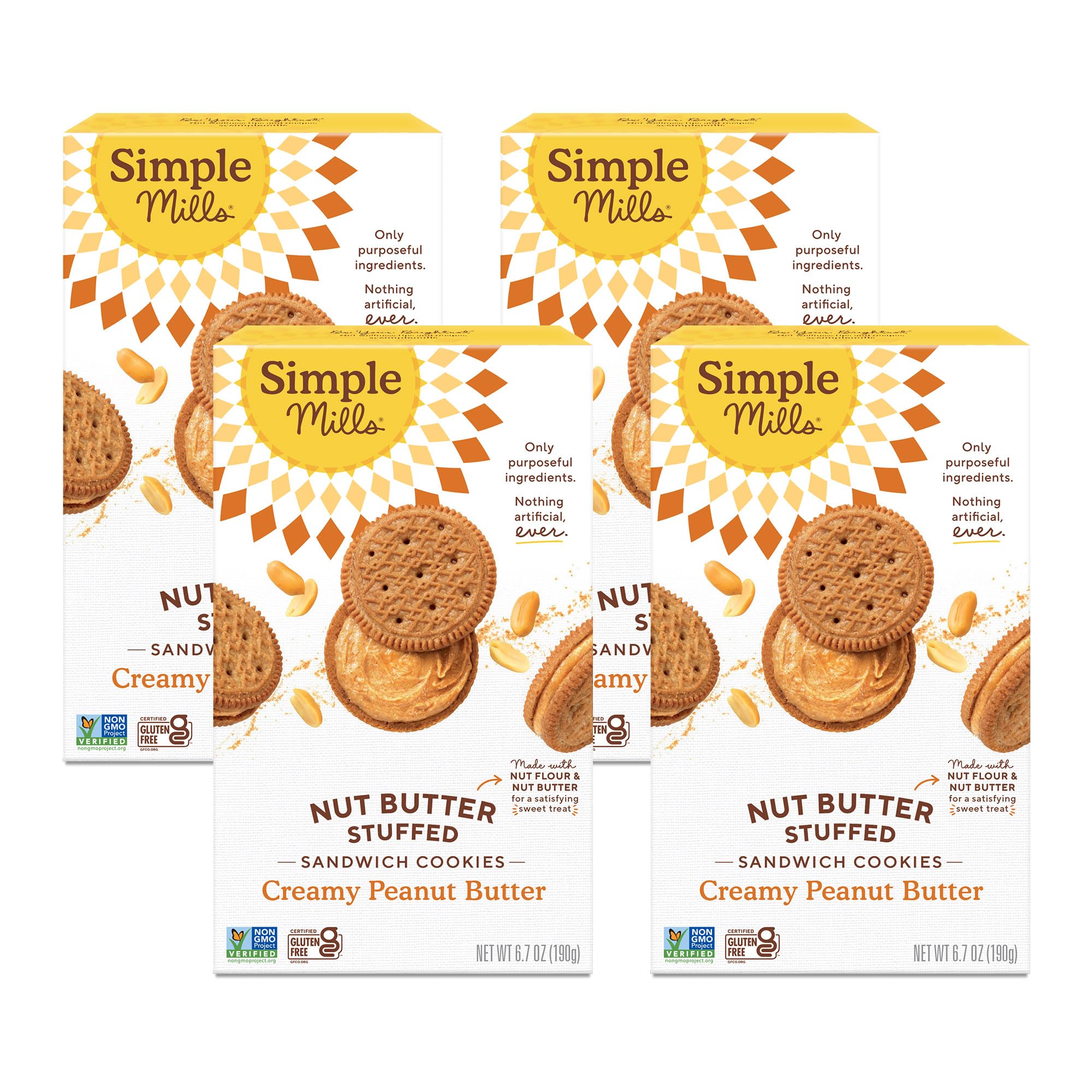 Simple Mills Creamy Peanut Butter Sandwich Cookies - Gluten Free, Vegan, Healthy Snacks, 6.7 oz (Pack of 4) | Perfect for School Lunches, Office Snacks & On-the-Go Treats