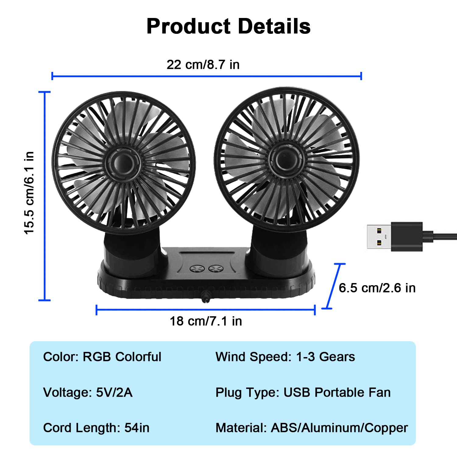 2024 Upgraded Qidoe Dual Head USB Car Fan with LED Lights - 3 Speed Adjustable, 360° Rotation Portable Cooling Fan for Car Dashboard, SUV, RV, Truck, Sedan - Perfect for Home, Office & Vehicle Use - USB Powered Personal Fan for Summer Travel & Work Spaces